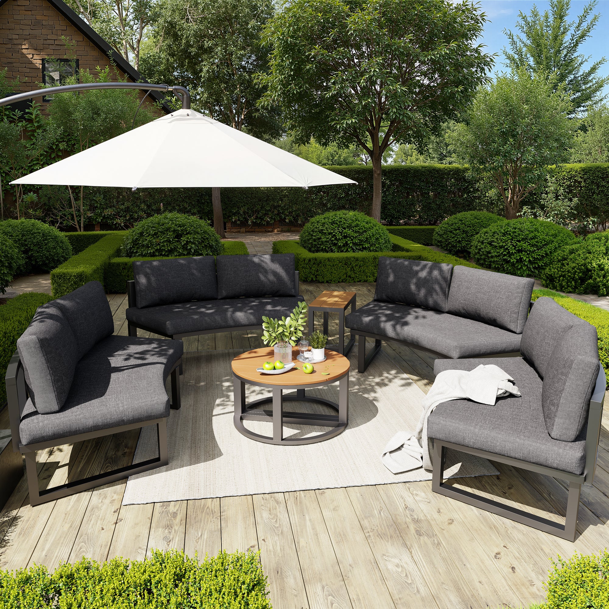Garden Furniture Set, 4-6 Person Lounge with Round Sofa and Rocking Chair, Grey
