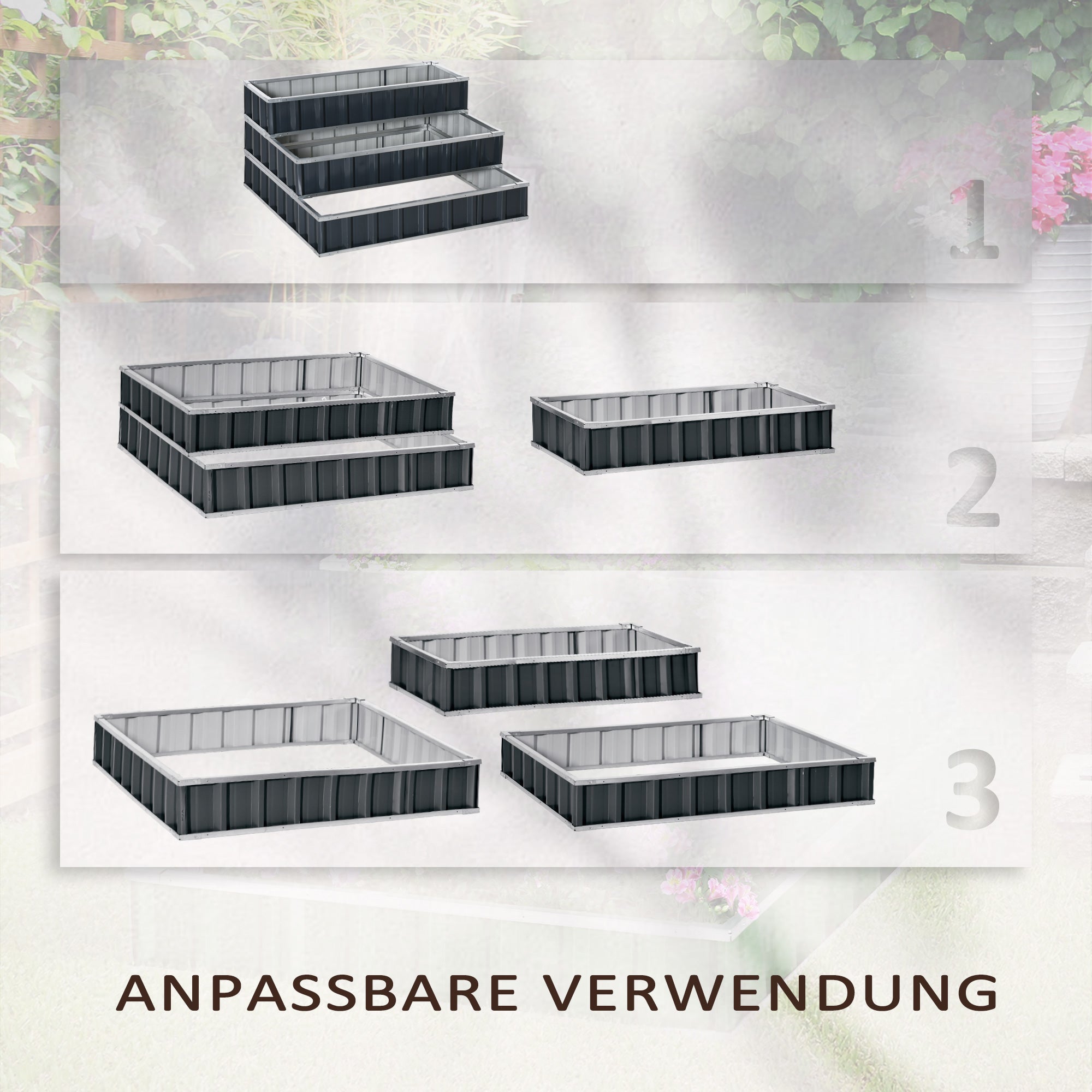 Steel Raised Garden Bed, 118x118x62 cm 3-Tier Flower Stand Weatherproof, Dark Grey Metal