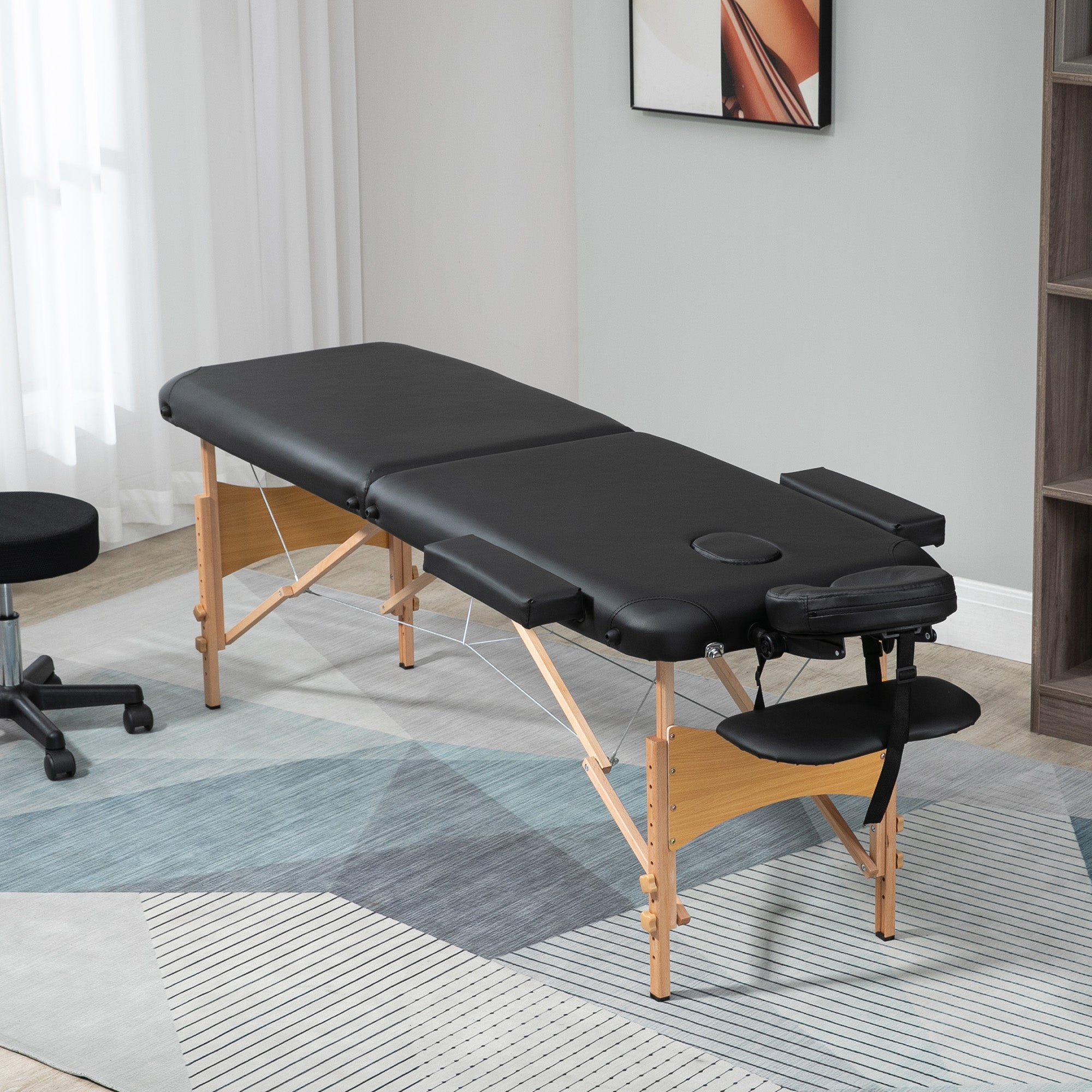 Folding Portable Massage Table, Adjustable Headrest, Faux Leather & Wood, Black