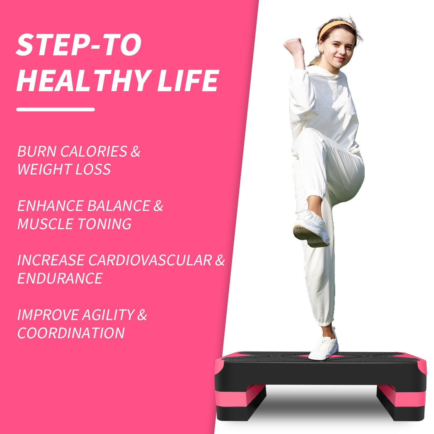 Aerobic Exercise Step Adjustable Stepper, 68.5cm Workout Platform with Adjustable Height Risers, Plastic