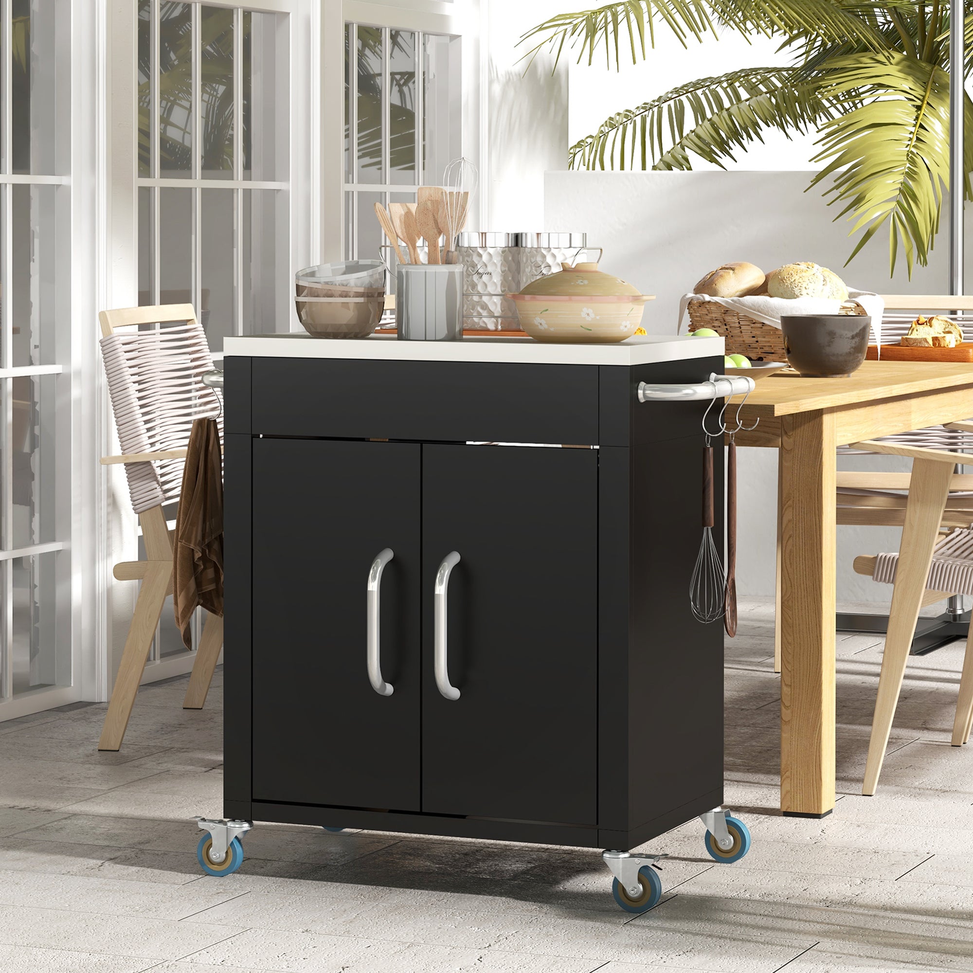 Kitchen Trolley Serving Cabinet with Wheels Hooks 86x50x86.5cm, Black Stainless Steel