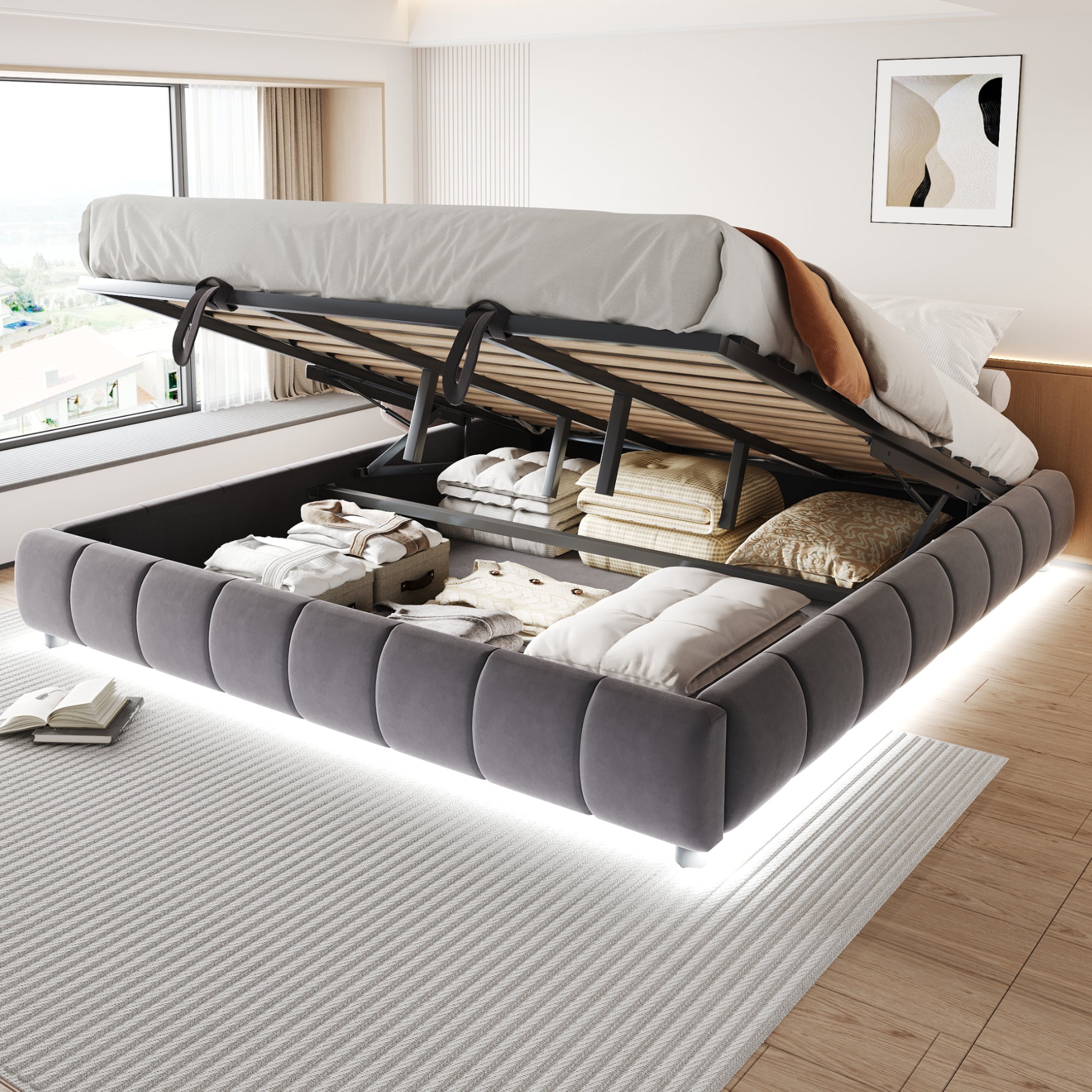 Upholstered Bed, 180x200cm LED Floating with Storage, Grey