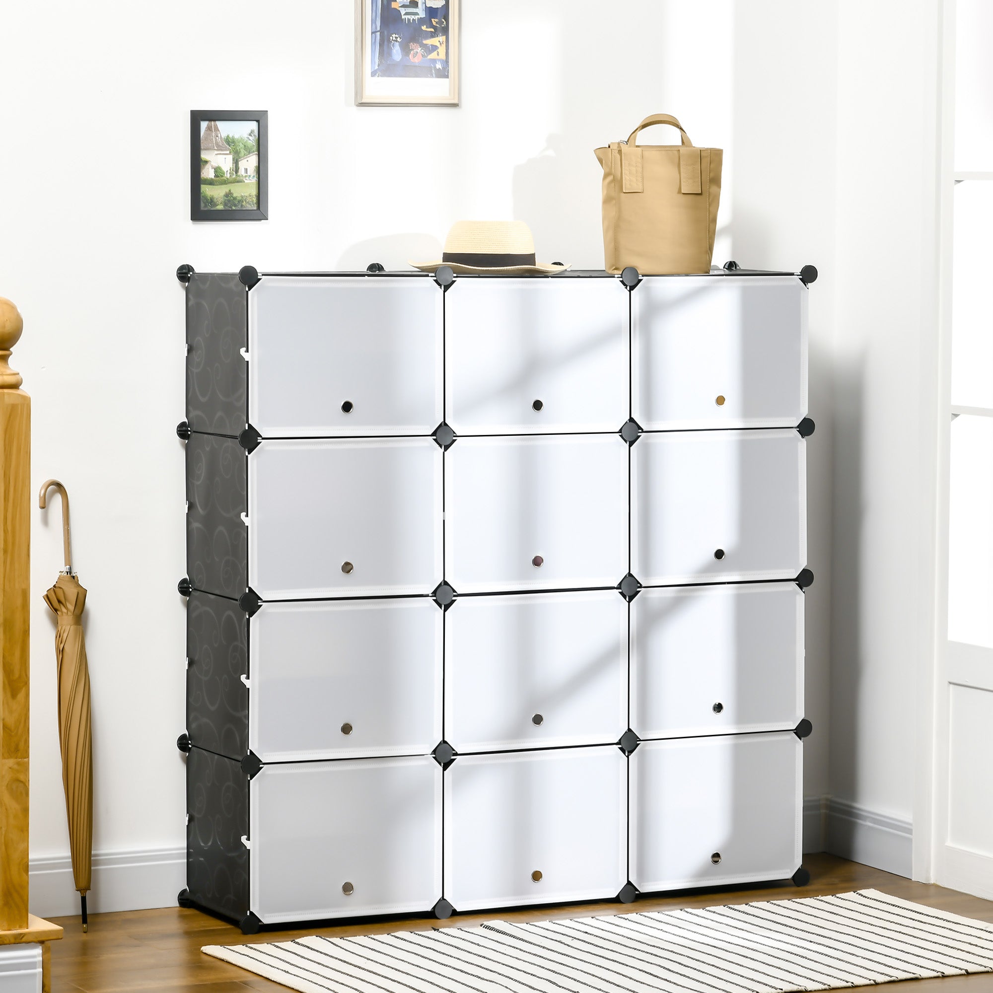 Shoe Cabinet Storage Box 12 Cubes DIY Plastic Steel Black+White