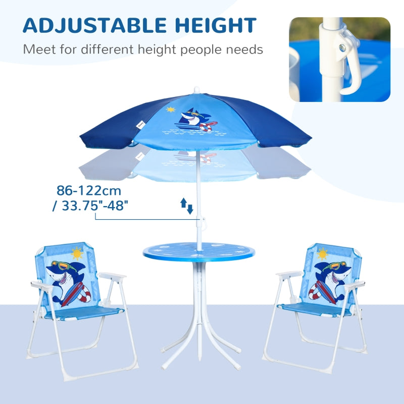 Kids Outdoor Bistro Table and Chair Set, Folding Shark Design Sun Umbrella, Blue