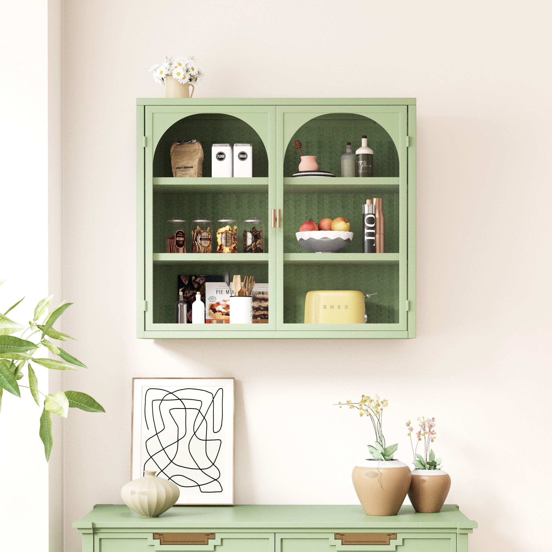 Wall Cabinet 70cm Two-door Three-tier Storage Woven Pattern, Green