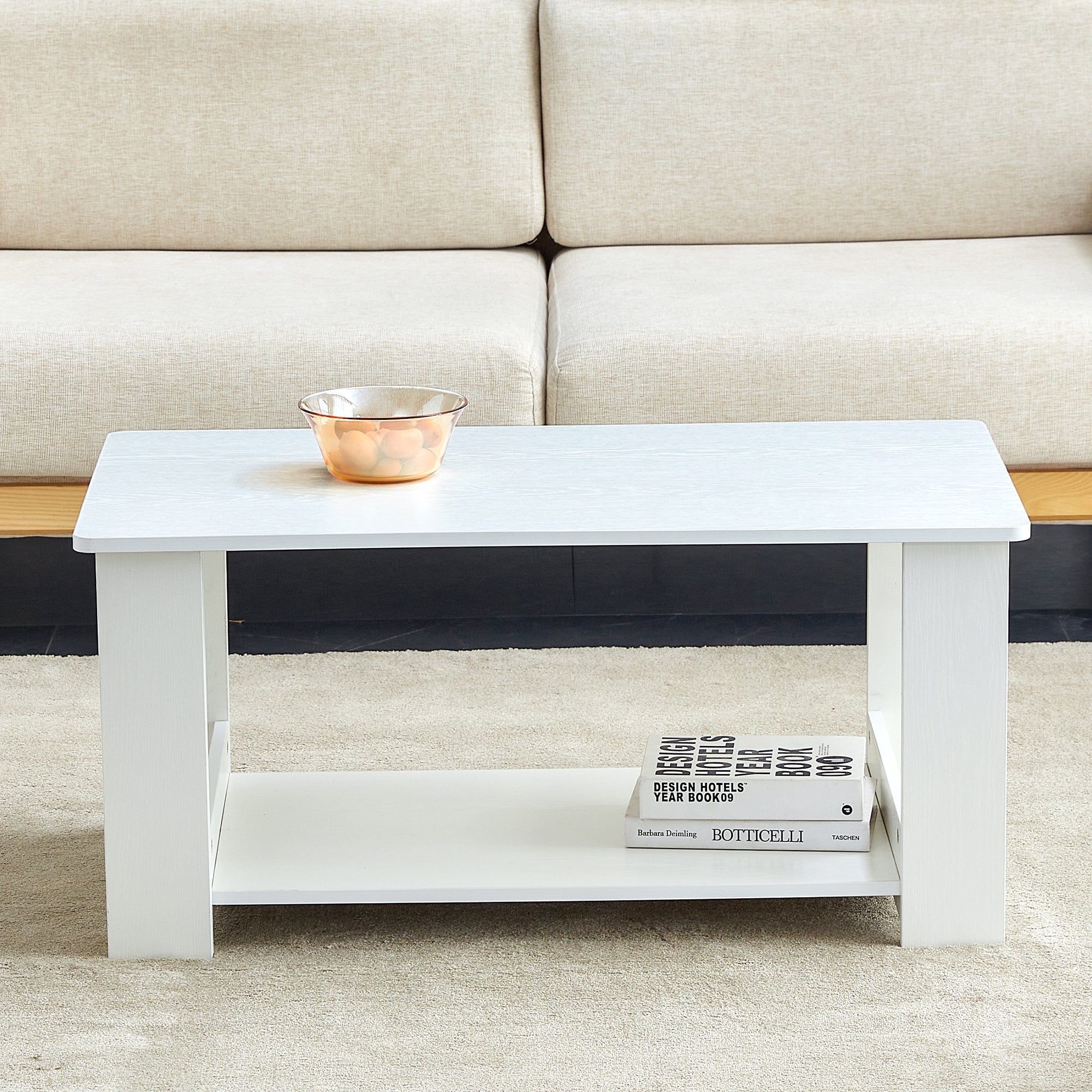 Side Table Modern Simple 90x50x42cm 2-Tier Storage - White Wood Grain