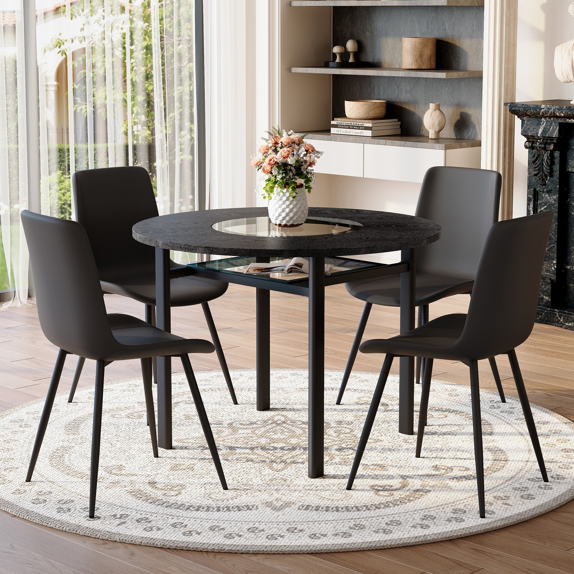 Minimalist Round Table Set, 4 Armchairs, 100 cm Diameter, Black PU and Wood Look
