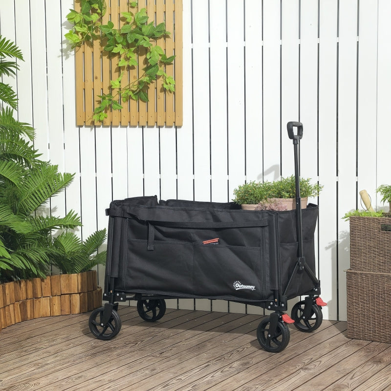 Folding Trolley on Wheels, 150L Collapsible Wagon with Openable Sides and Adjustable Handle, Black