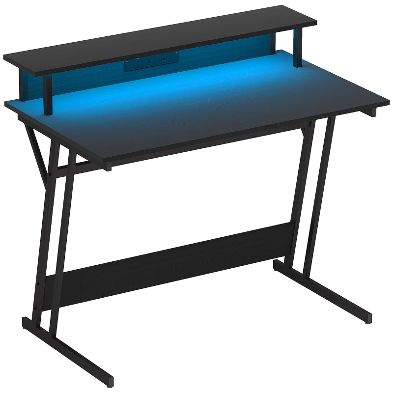 Gaming Desk with LED Lights, Power Outlets, Monitor Stand, Z Shaped 100x60cm, Black