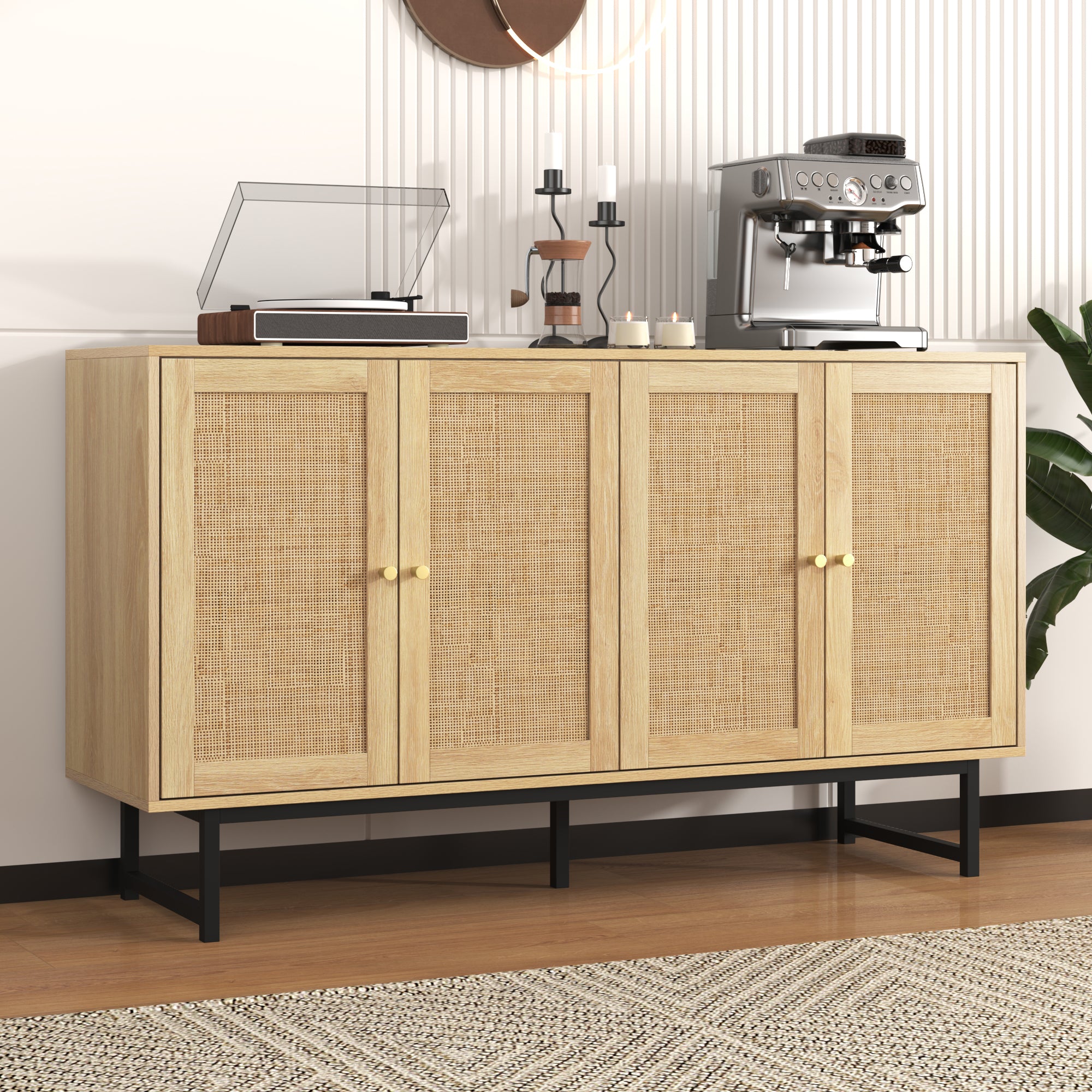 Sideboard with Real Rattan Weave, 4 Doors, 140x39.5x80 cm