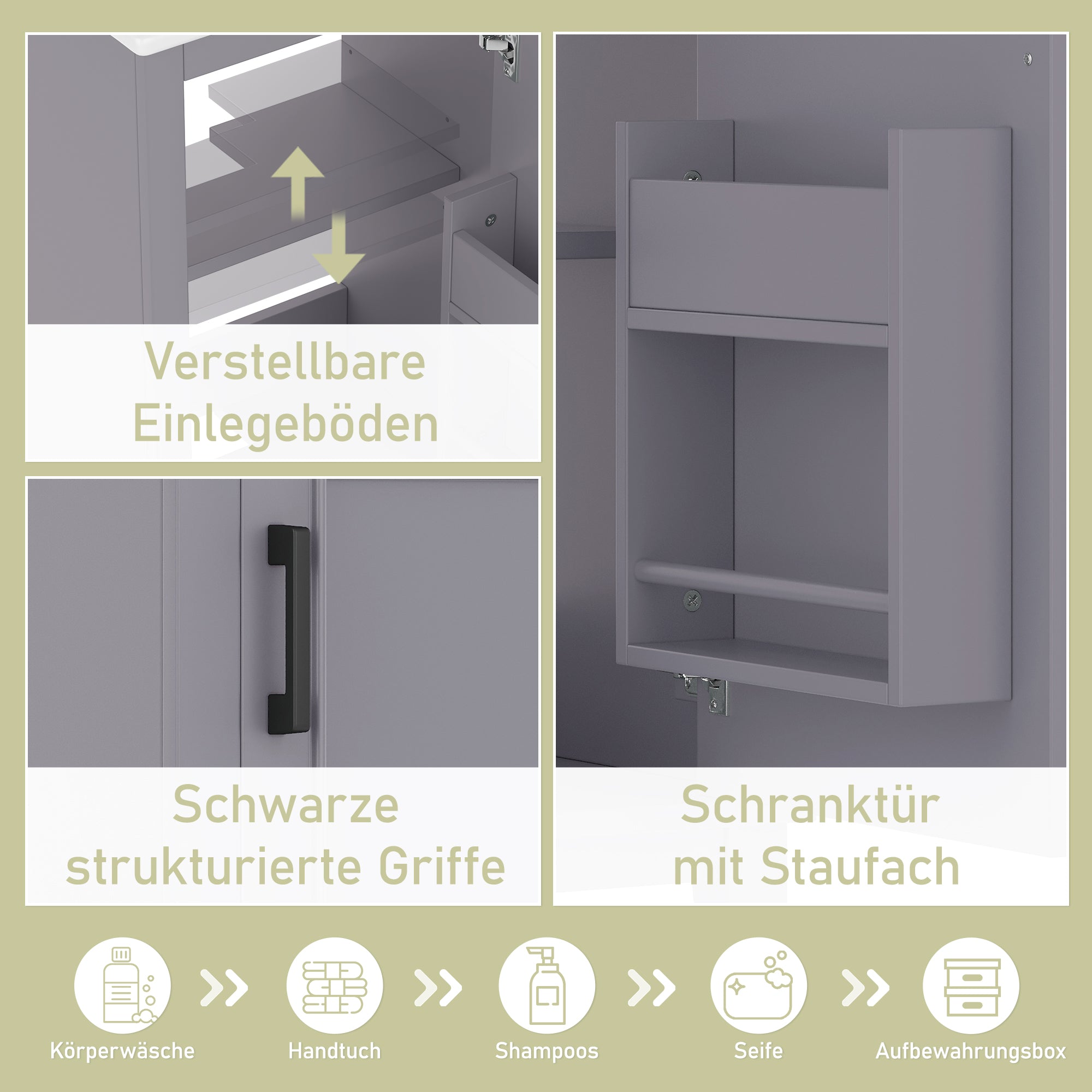 Bathroom Vanity Unit with Ceramic Sink and Adjustable Shelves, Grey