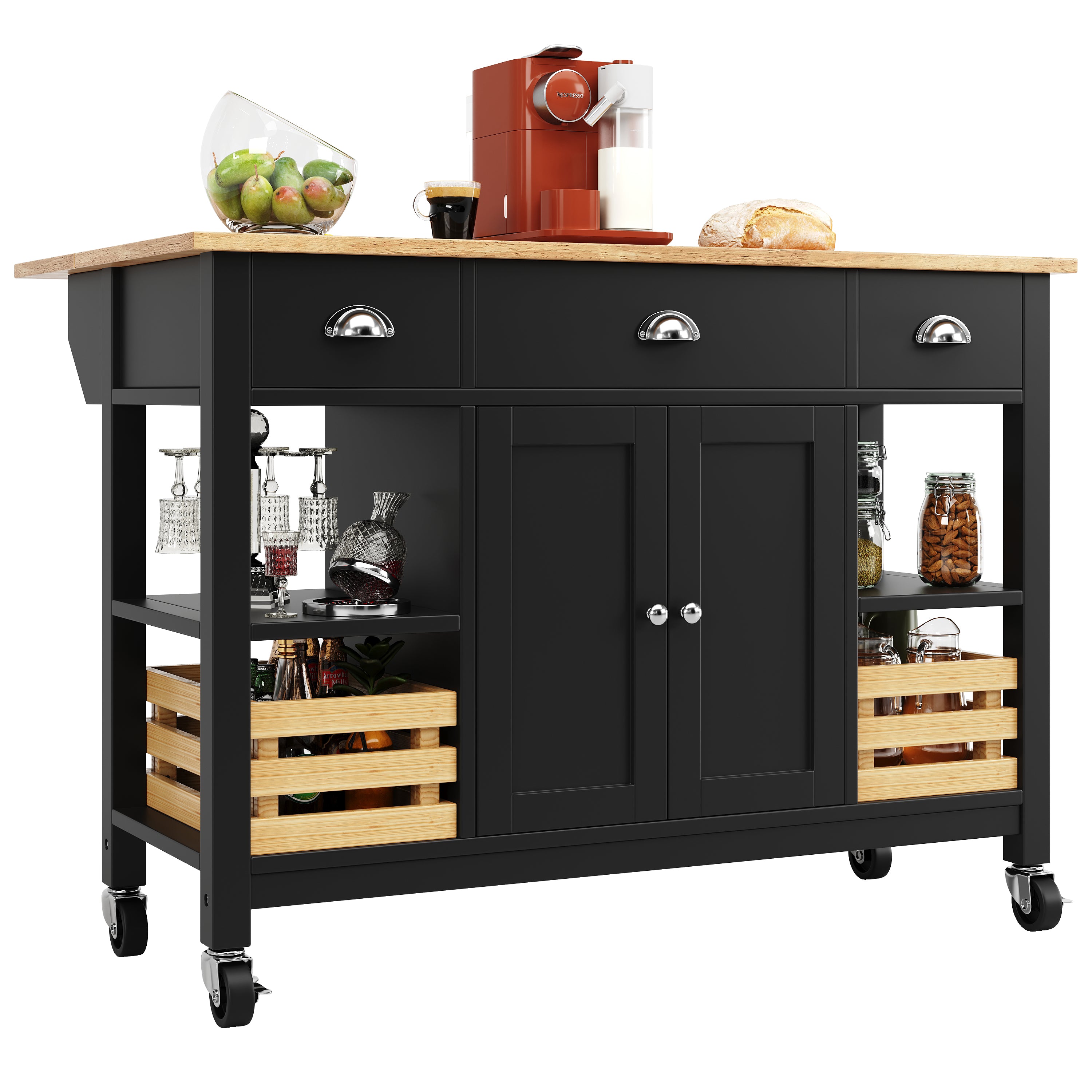 Kitchen Island 120x45x90cm Multifunctional Dining Cabinet Storage Basket - Black