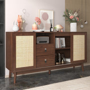 Sideboard, 3 Sliding Rattan Doors, 2 Drawers, Dark Wood