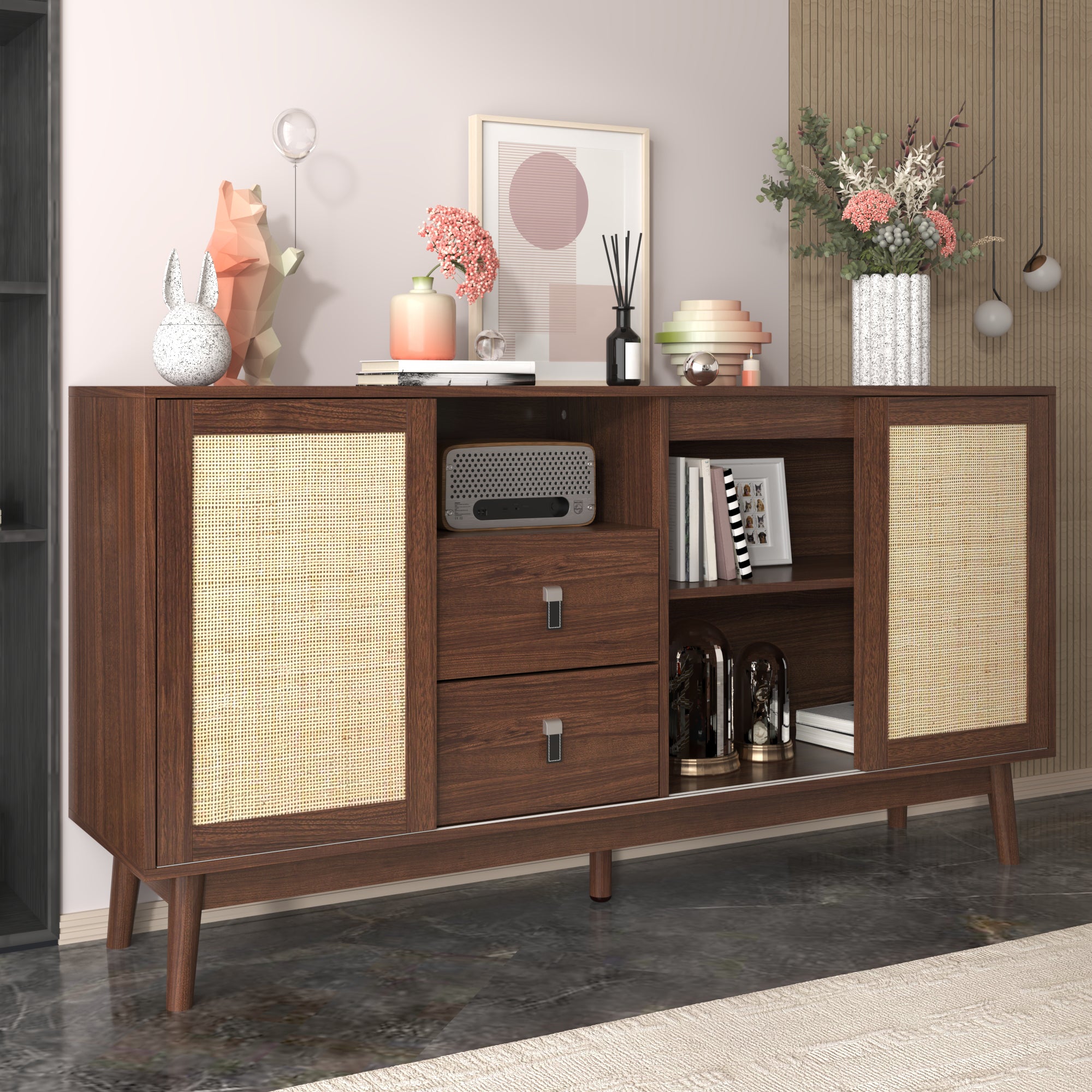 Sideboard, 3 Sliding Rattan Doors, 2 Drawers, Dark Wood