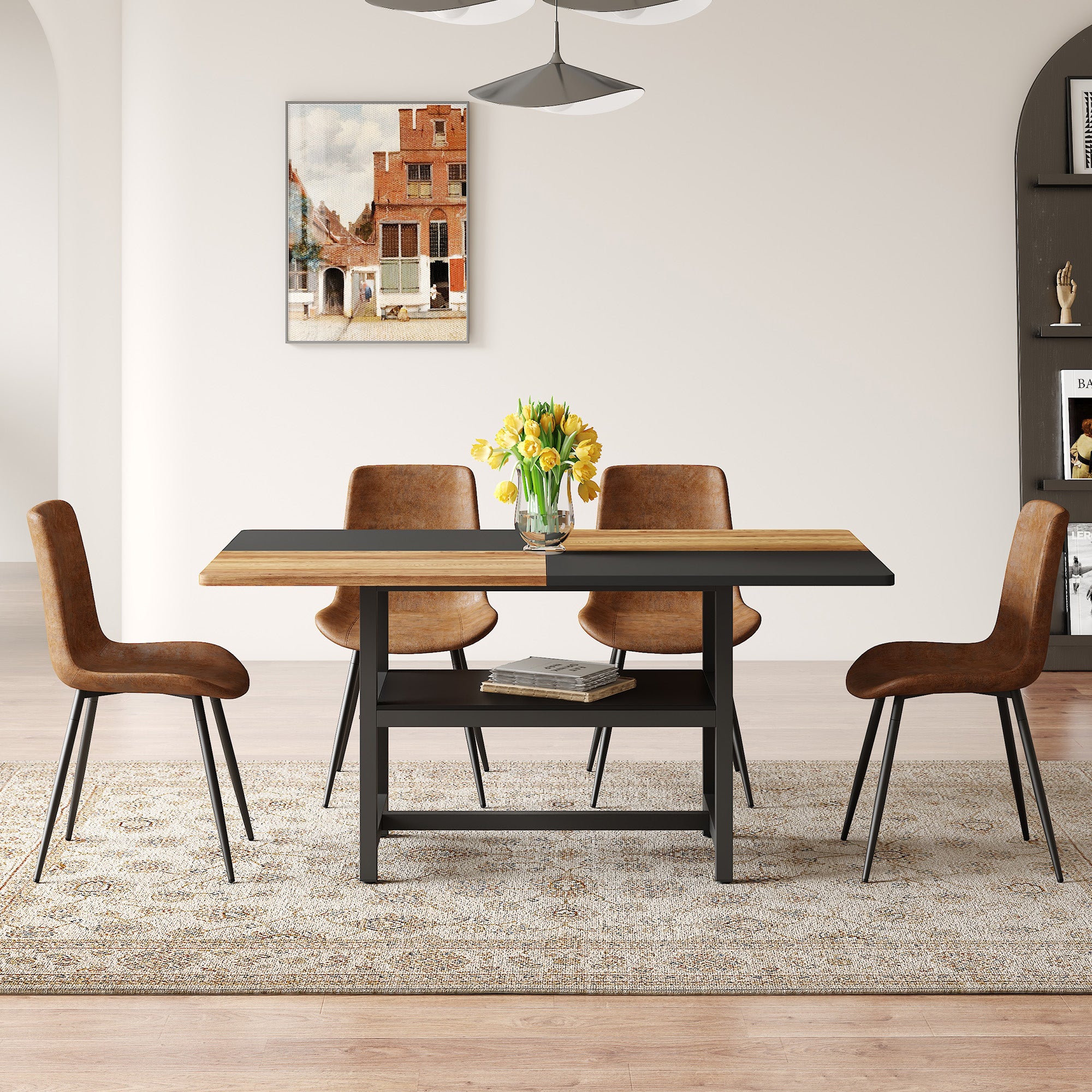 Dining Table Set, 160 cm Rectangular with Storage & 4 Chairs, Brown Tech-Fabric