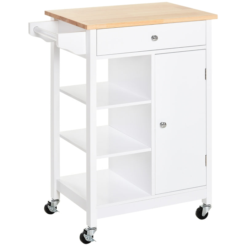 Kitchen Trolley Island on Wheels, 3 Shelves Storage Cupboard, Wood Top, White
