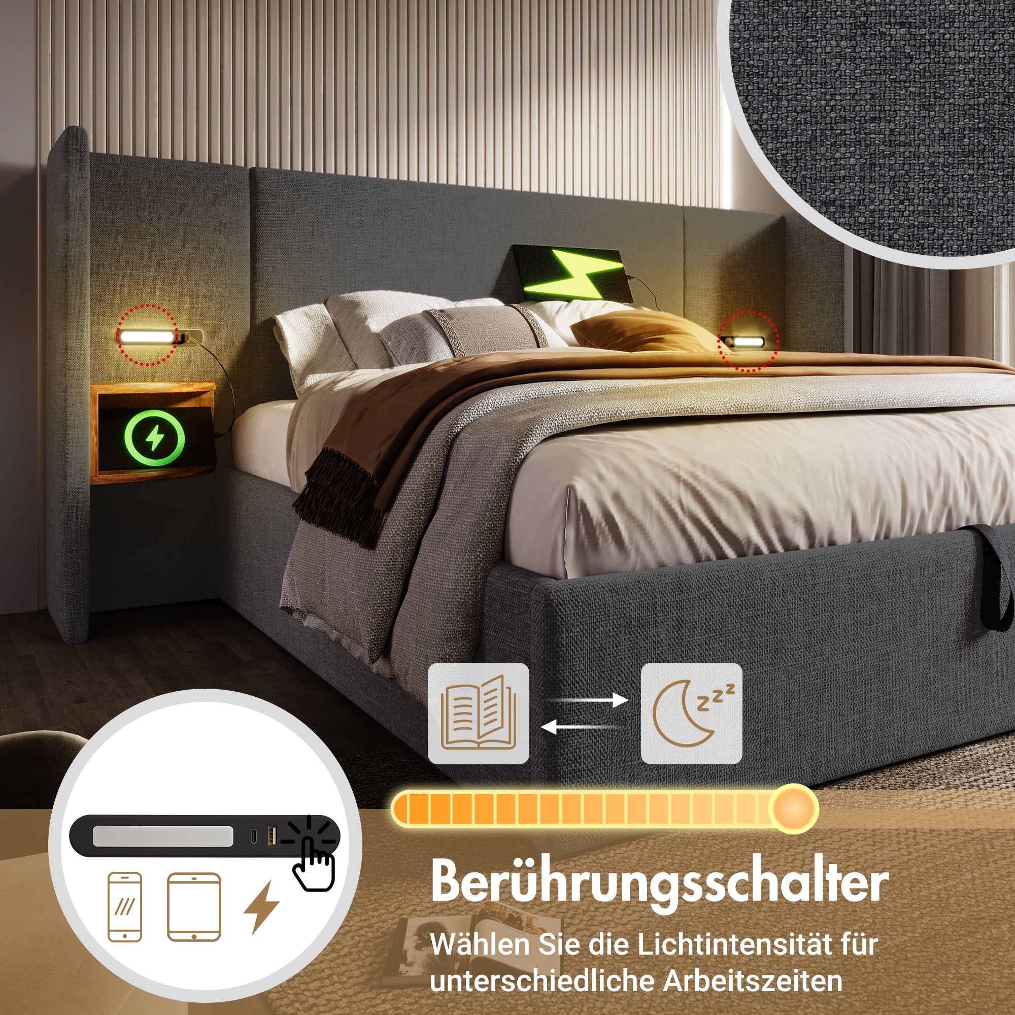 Upholstered Double Bed 160x200, with Bedside Table, Lamp, USB Type-C, Gray Linen