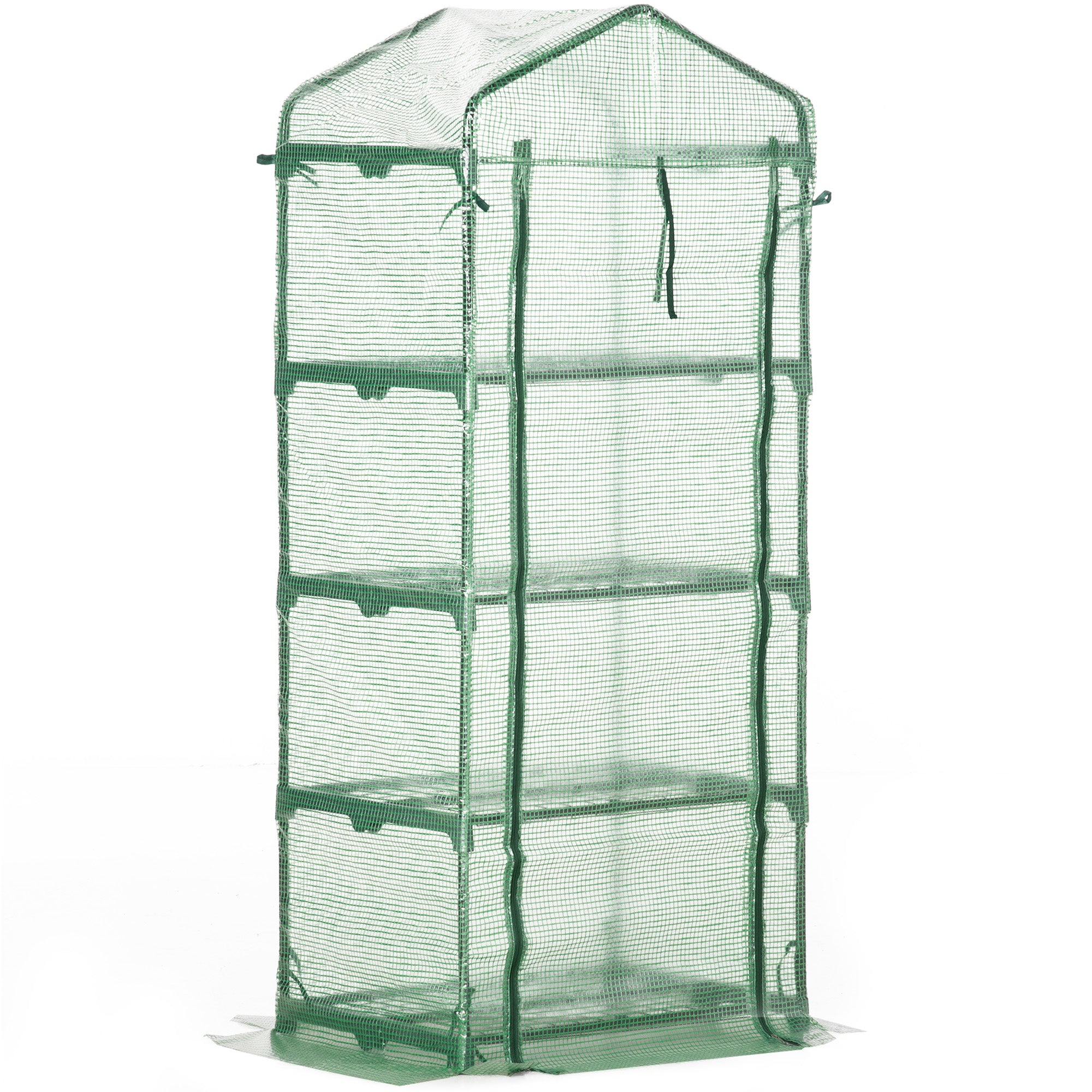 4 Tier Mini Greenhouse, Portable Steel Frame Roll-up Door PE Cover, Green