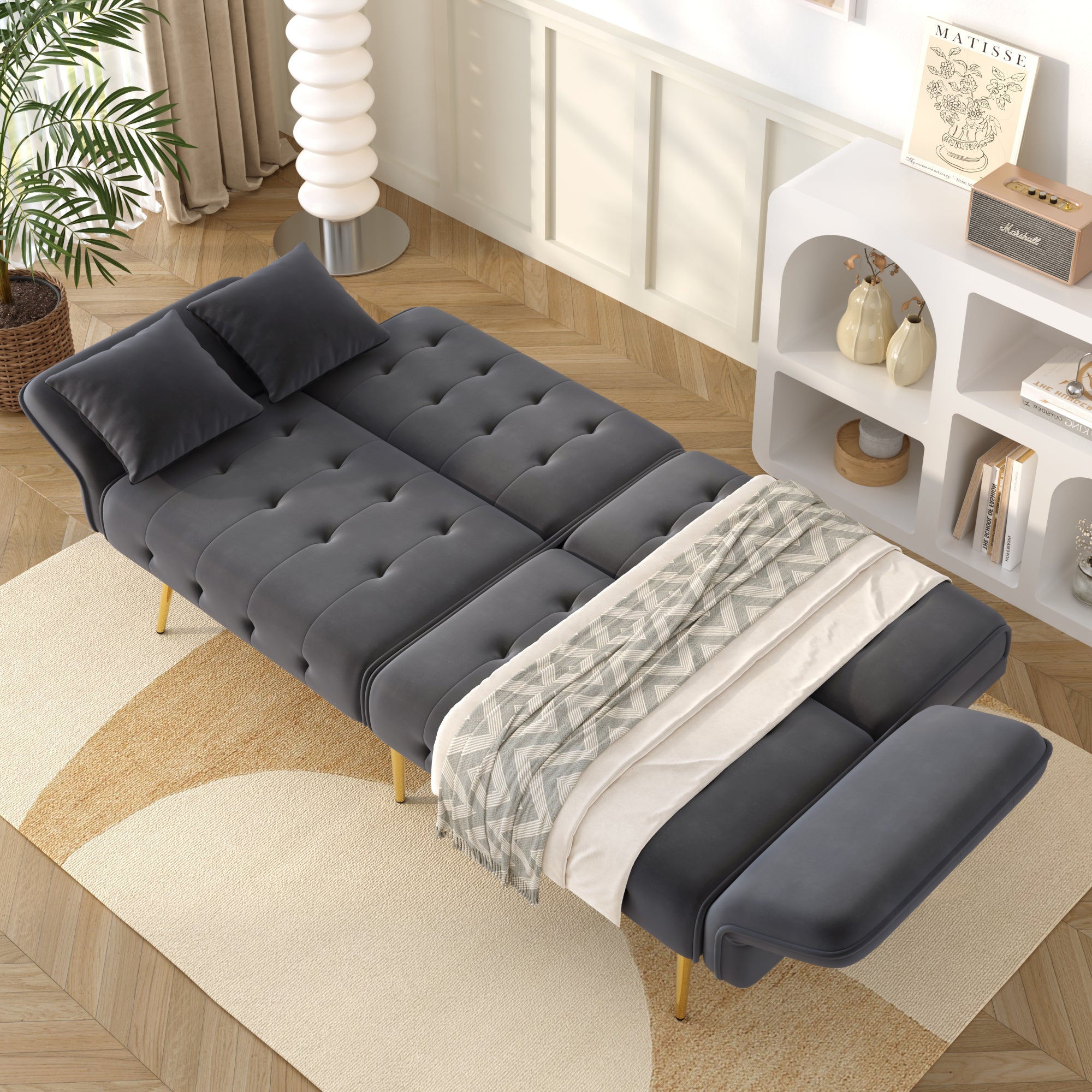 Sofa Bed, Two-Seater Multifunctional with Adjustable Backrest & Armrests, Velour