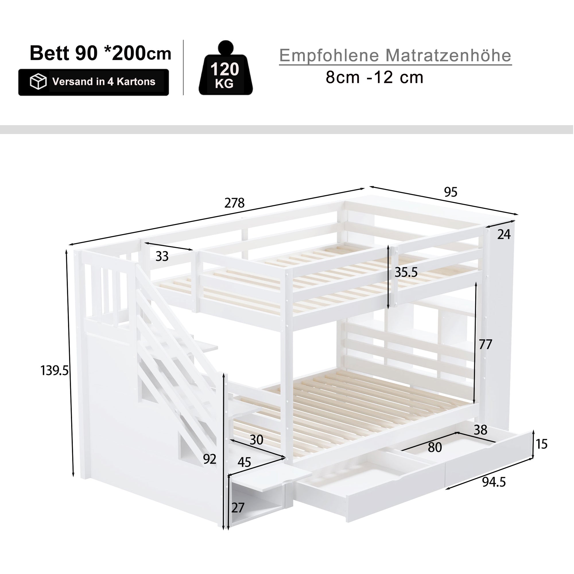 Bunk Bed, 90x200cm, Safety Ladder, Storage & Lockers, Pine Wood, White