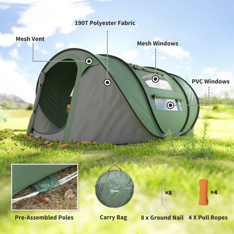 4-5 Person Pop-up Camping Tent, 2 Mesh & PVC Windows, Portable Bag, Dark Green