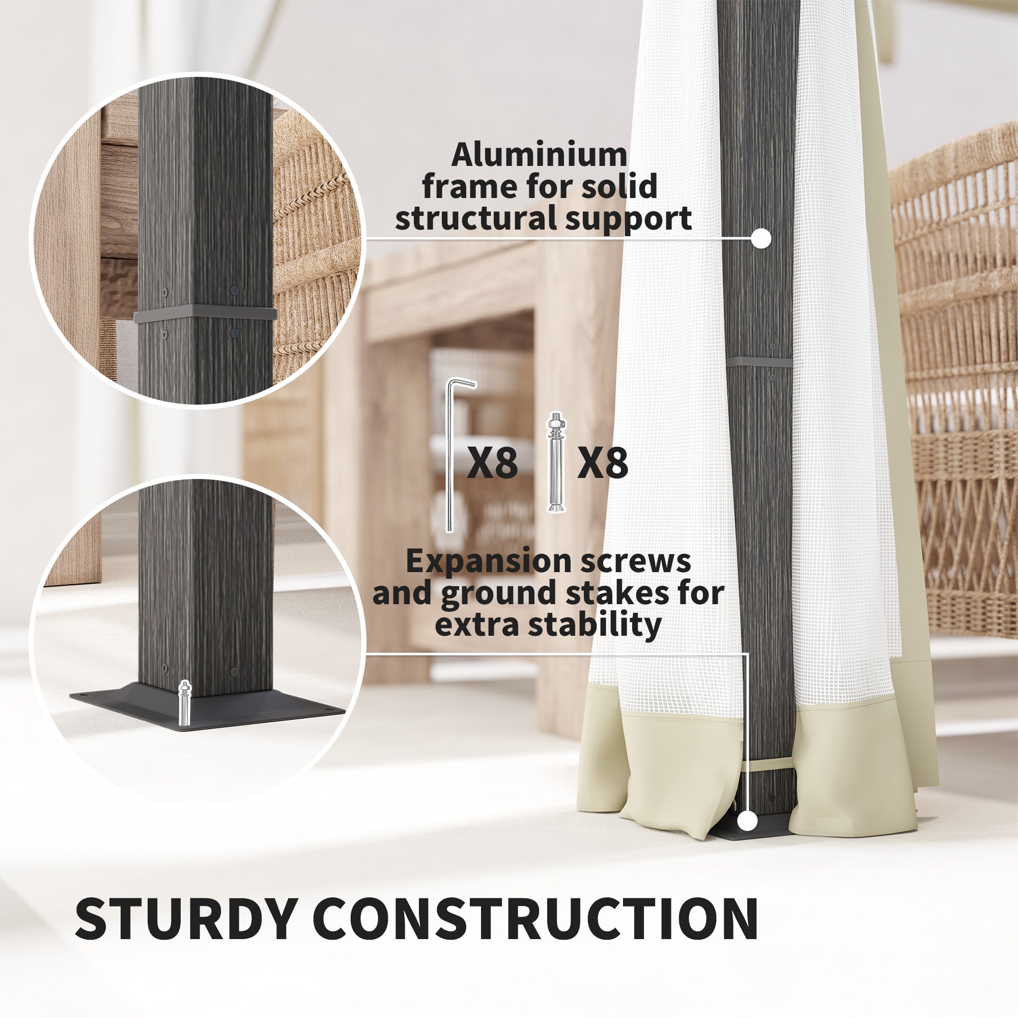 Aluminium Frame Pergola 3x3m Retractable Roof Khaki