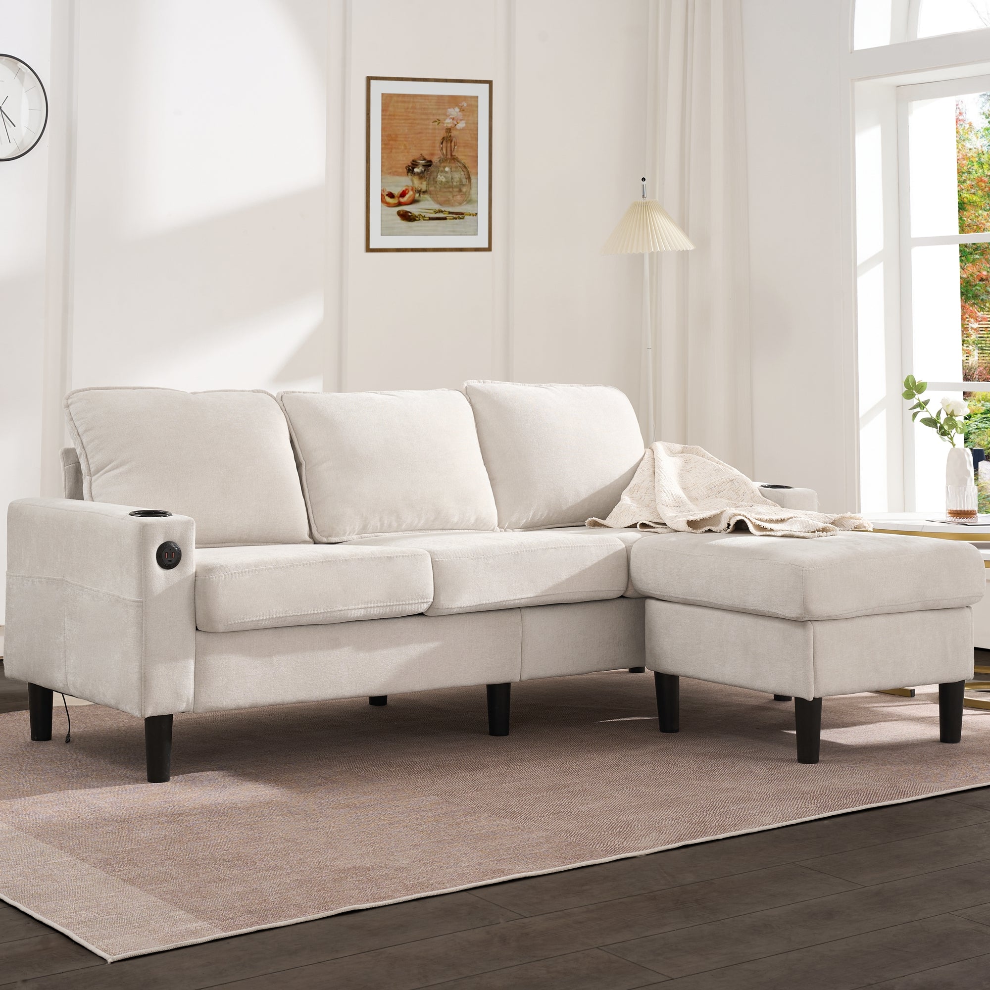 Upholstered Sofa, 3-Seater L-Shaped Sofa Bed with USB & Type-C Ports & Cup Holders, Beige