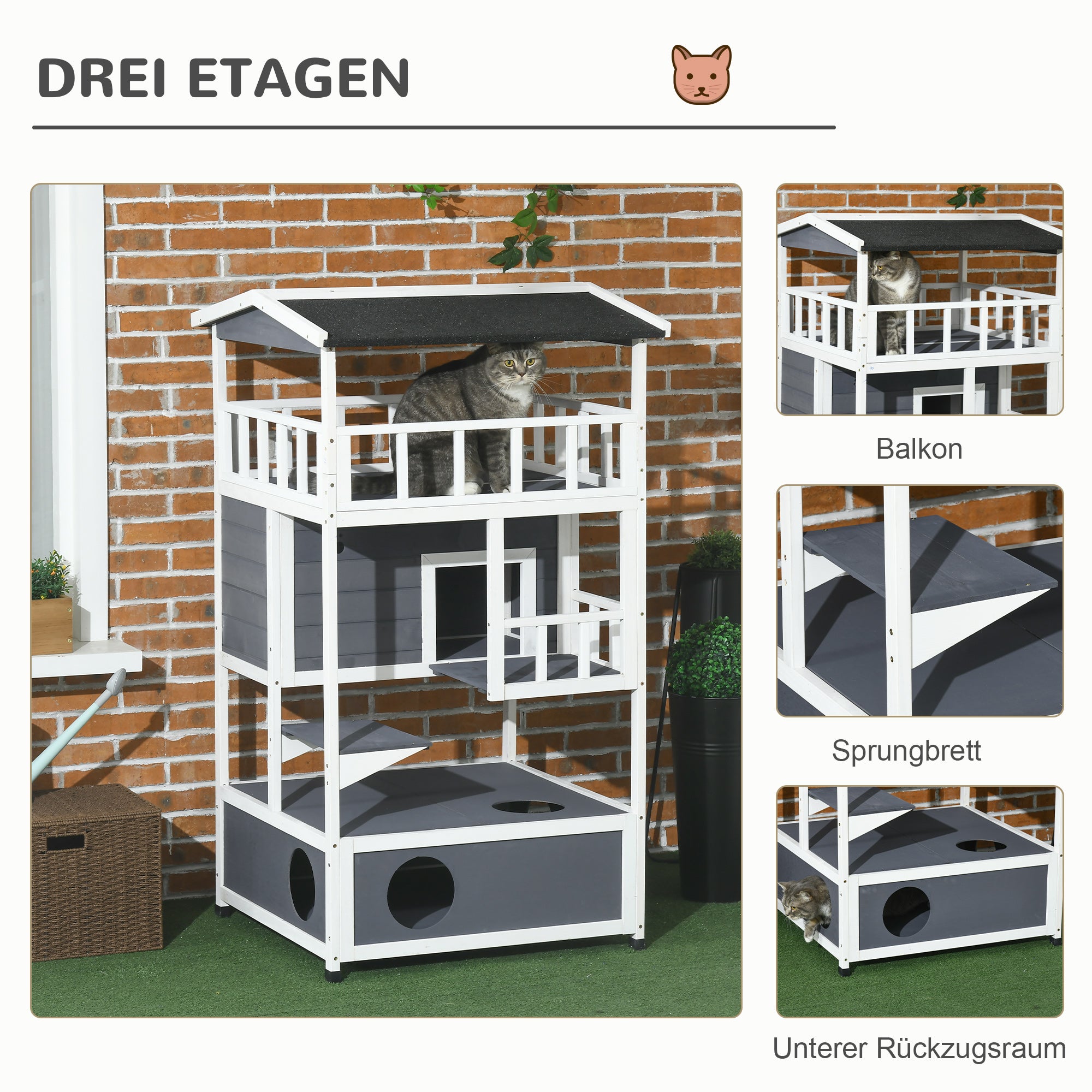 Cat House, 4-Story Balcony Stairs, Solid Wood, Gray