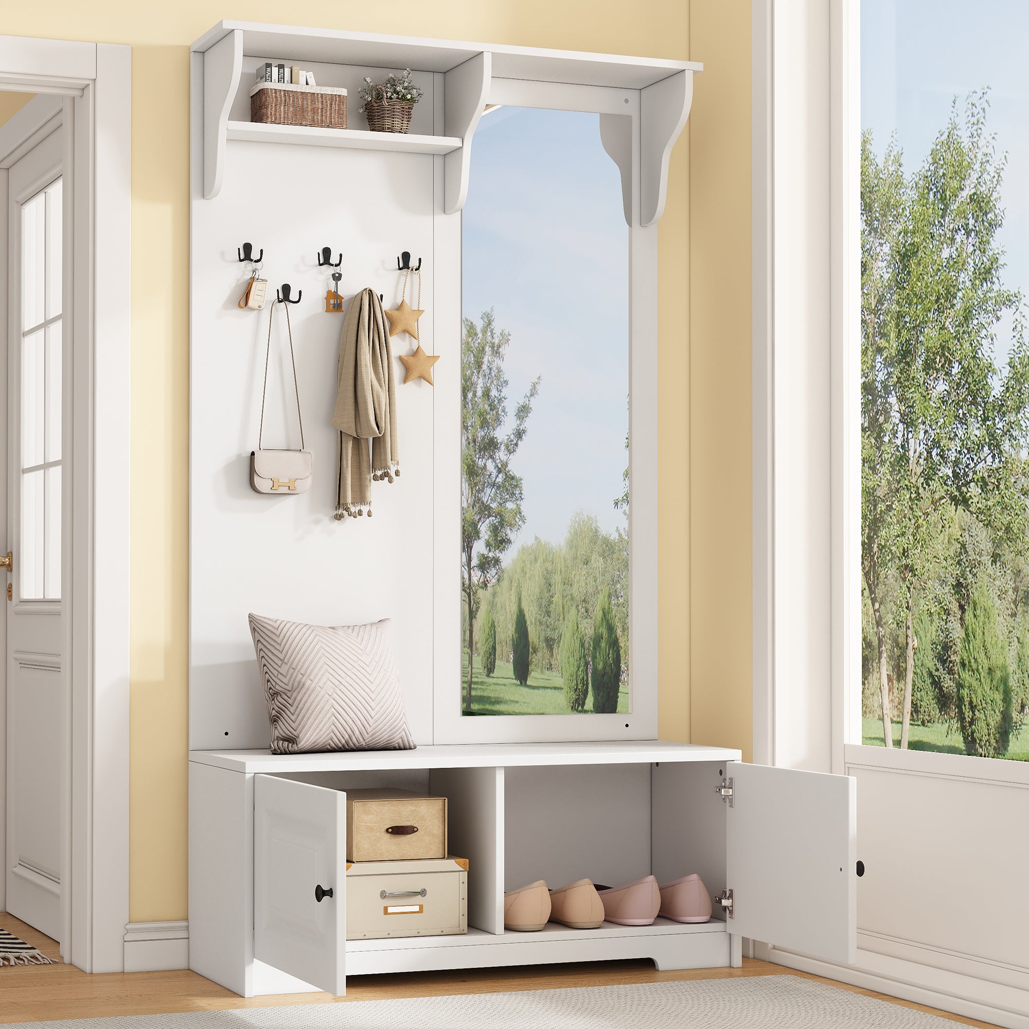 Wardrobe with Mirror, 5 Hooks, 2 Cabinets, White