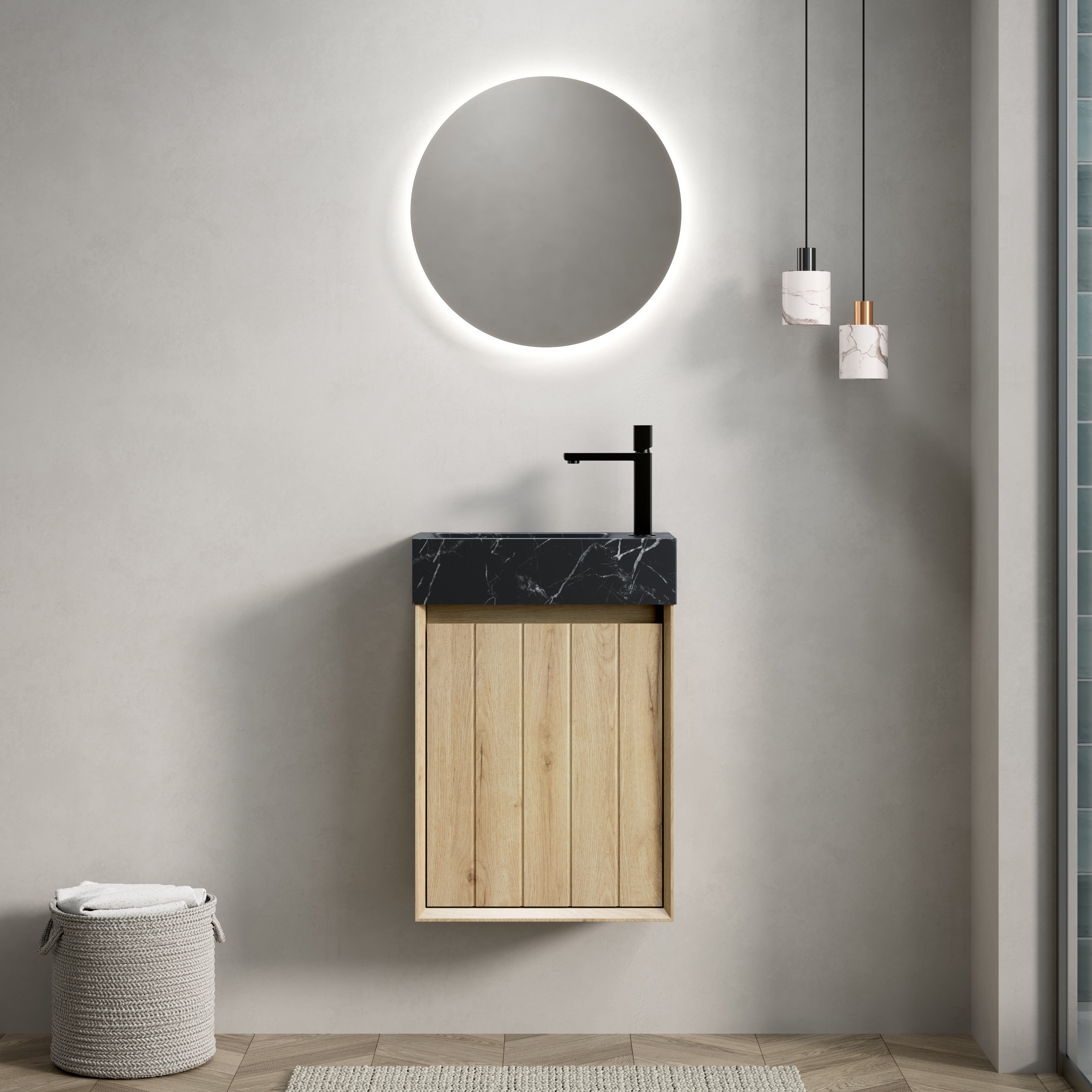 Wall-Mounted Bathroom Vanity Unit with Undermount Sink and Striped Cabinet, White Oak Wood Grain