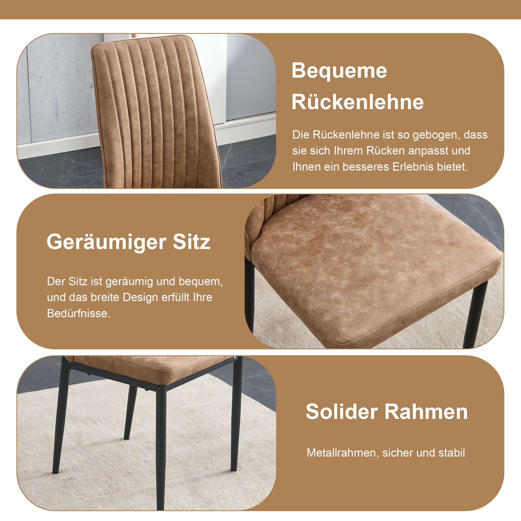 Dining Table Set, Minimalist 85cm Glass Table & 4 Chairs, Brown Tech Fabric