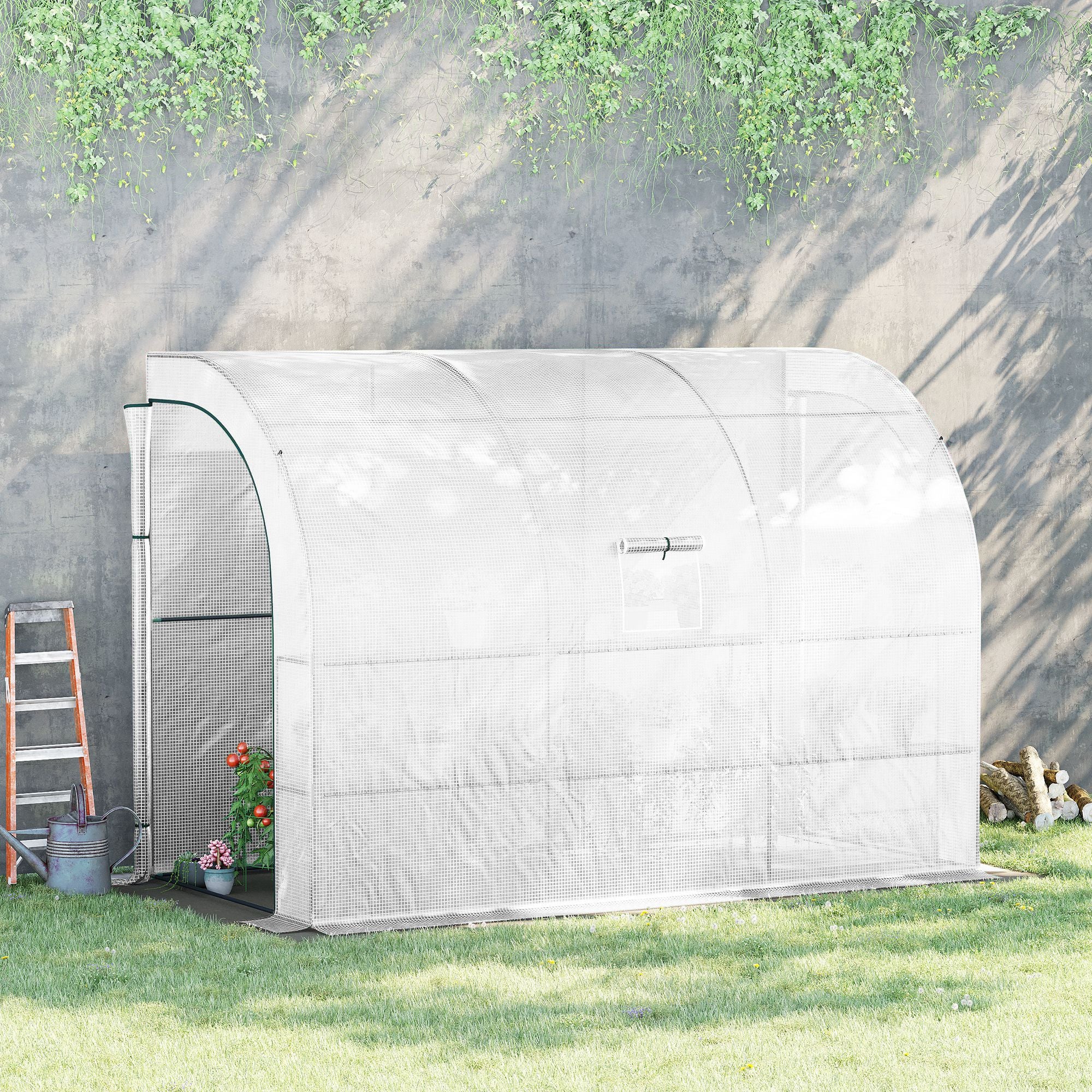 Outdoor Walk-In Greenhouse, Zippered Doors, 3-Tier Shelves, White PE Cover