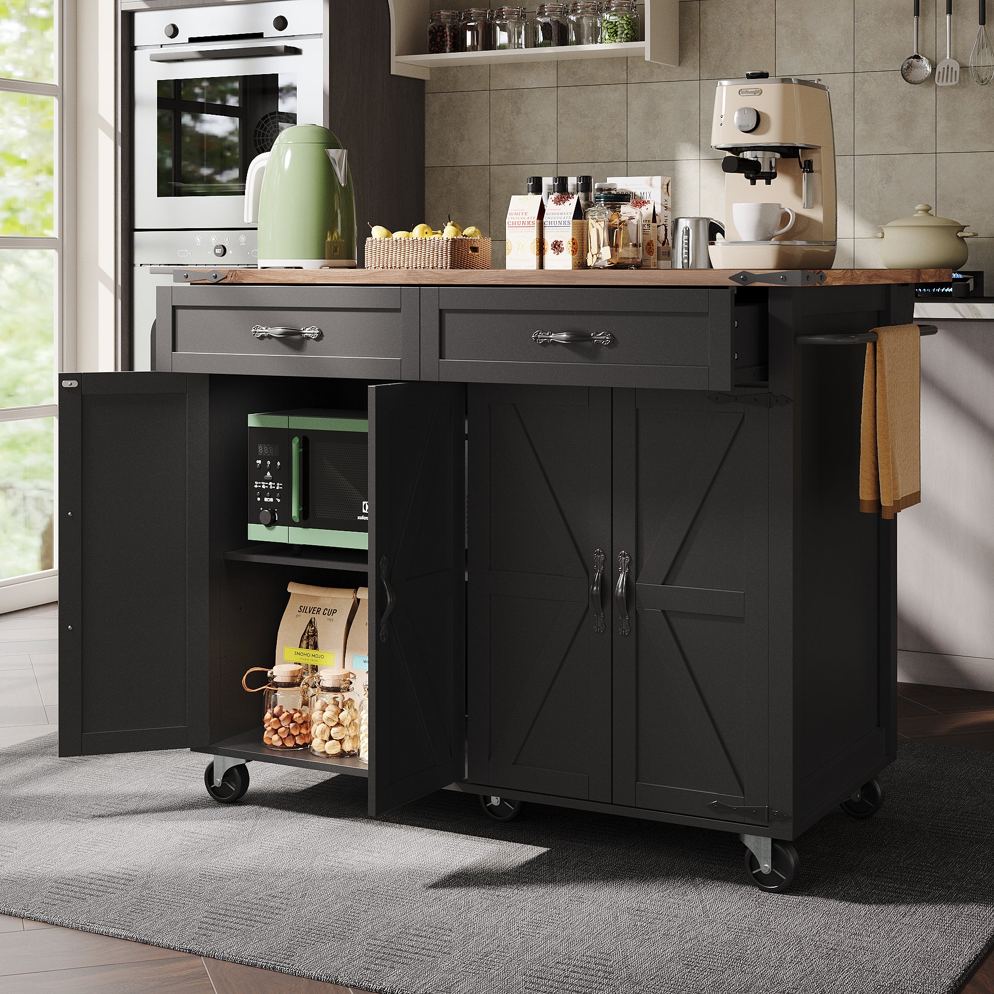 Kitchen Island Serving Trolley with Pull-out Worktop 4 Doors 2 Drawers Wood Grain Finish Black