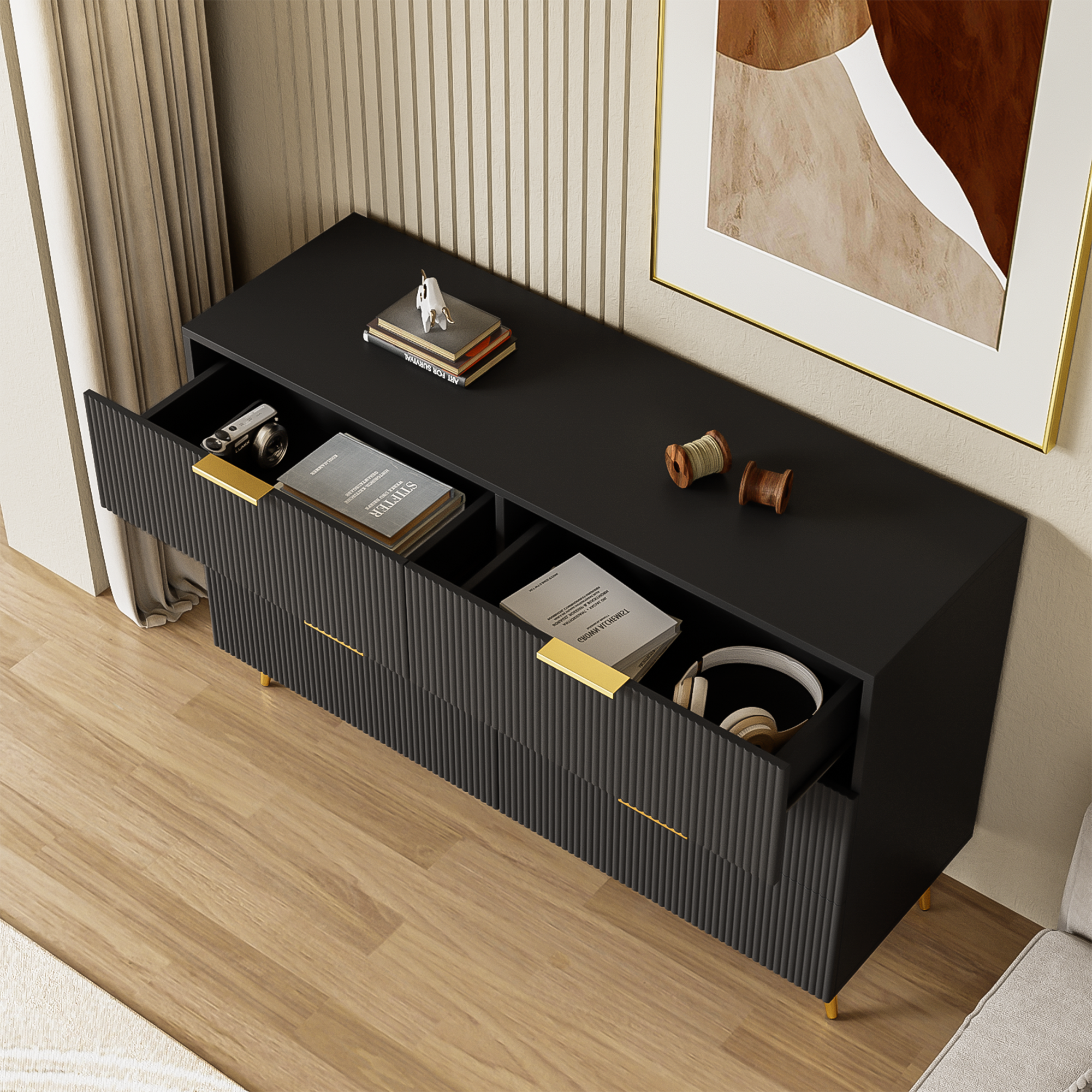 Sideboard, Modern Design Chest of Drawers, Black and Gold
