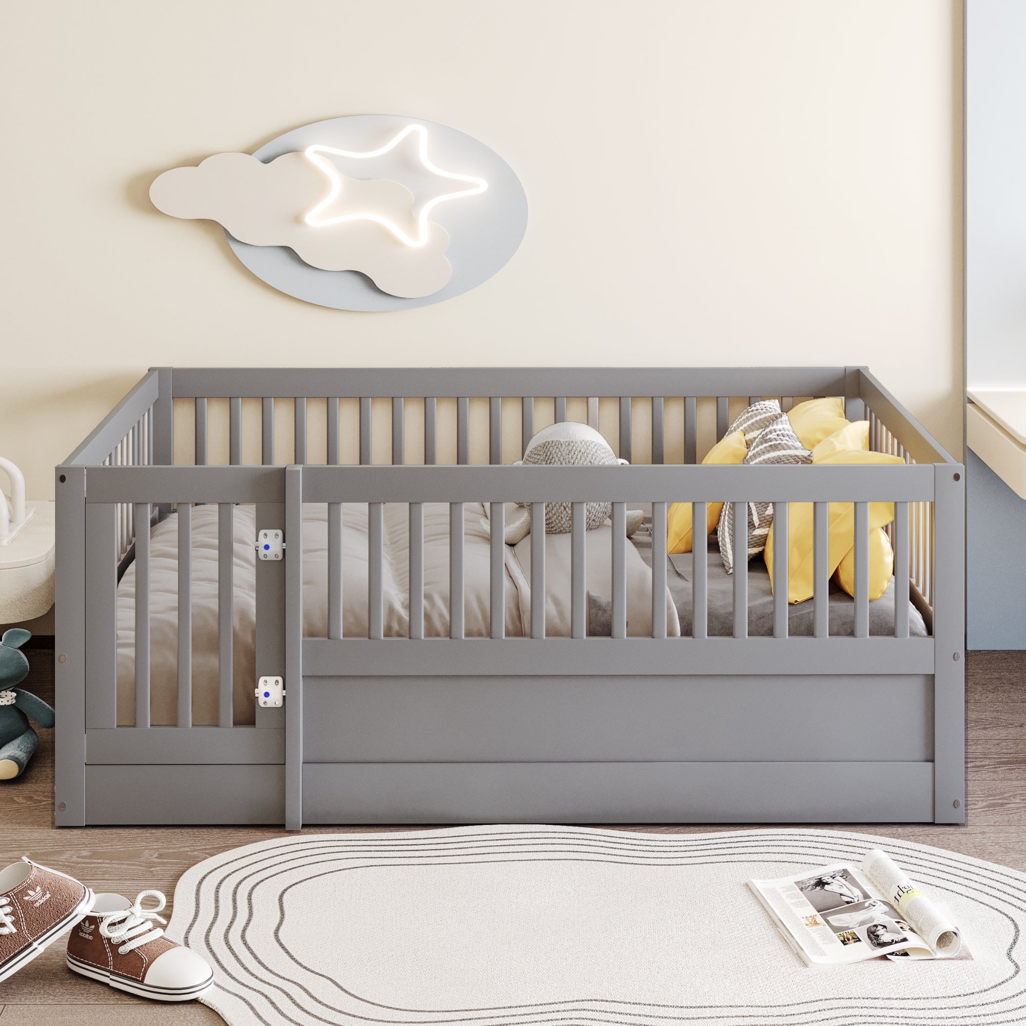 Children's Bed 140 x 200 cm, Wooden Frame with Bars & Door, Grey