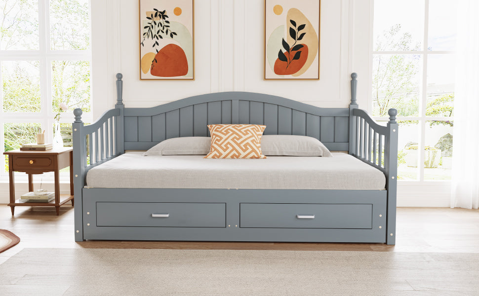 Pull-Out Sofa Bed, Solid Wood with Drawers & Slatted Frame, Pine Wood, Grey
