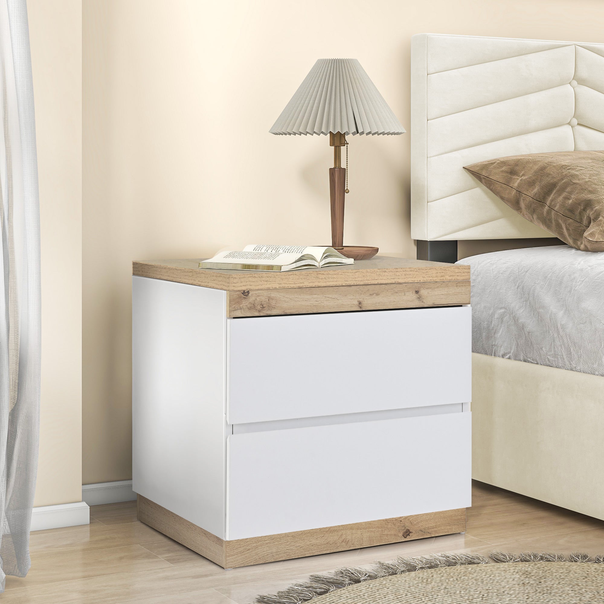 Nightstand 2 Drawers Storage - White/Oak E1 Chipboard