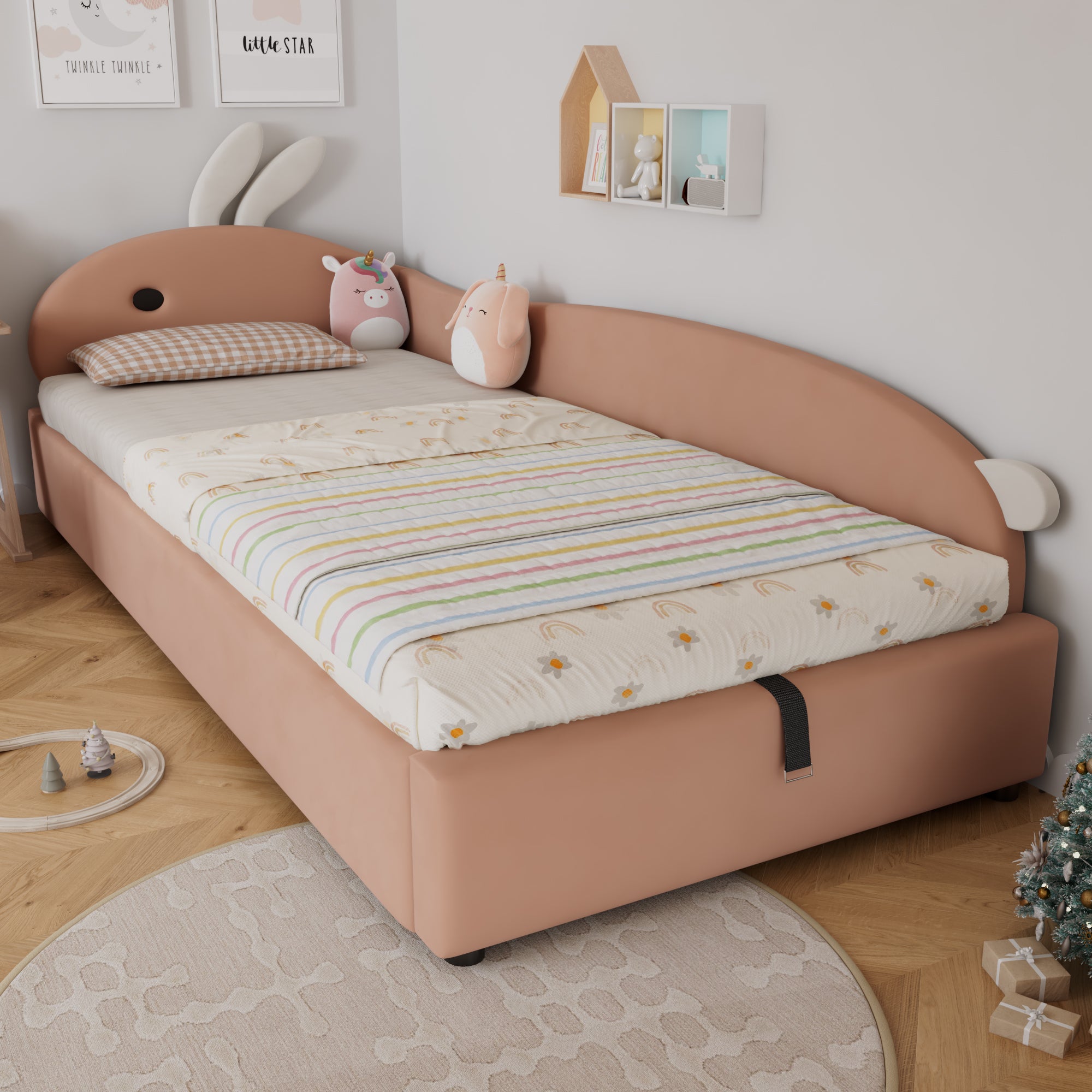 Upholstered Bed, Single Children's with Bunny Headboard & Hydraulic Storage, Velvet Pink+White