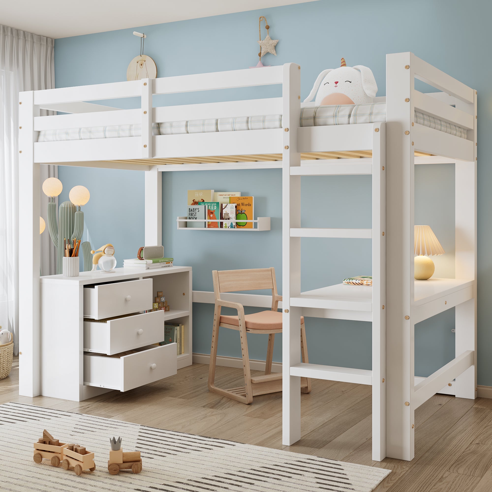 Children's Loft Bed Desk Storage Ladder, White Pine + MDF