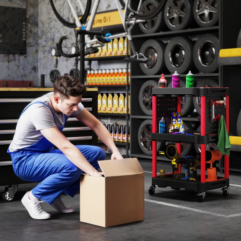 Workshop trolley 3 levels, side perforated shelves, 10 hooks, 91 kg load capacity, black