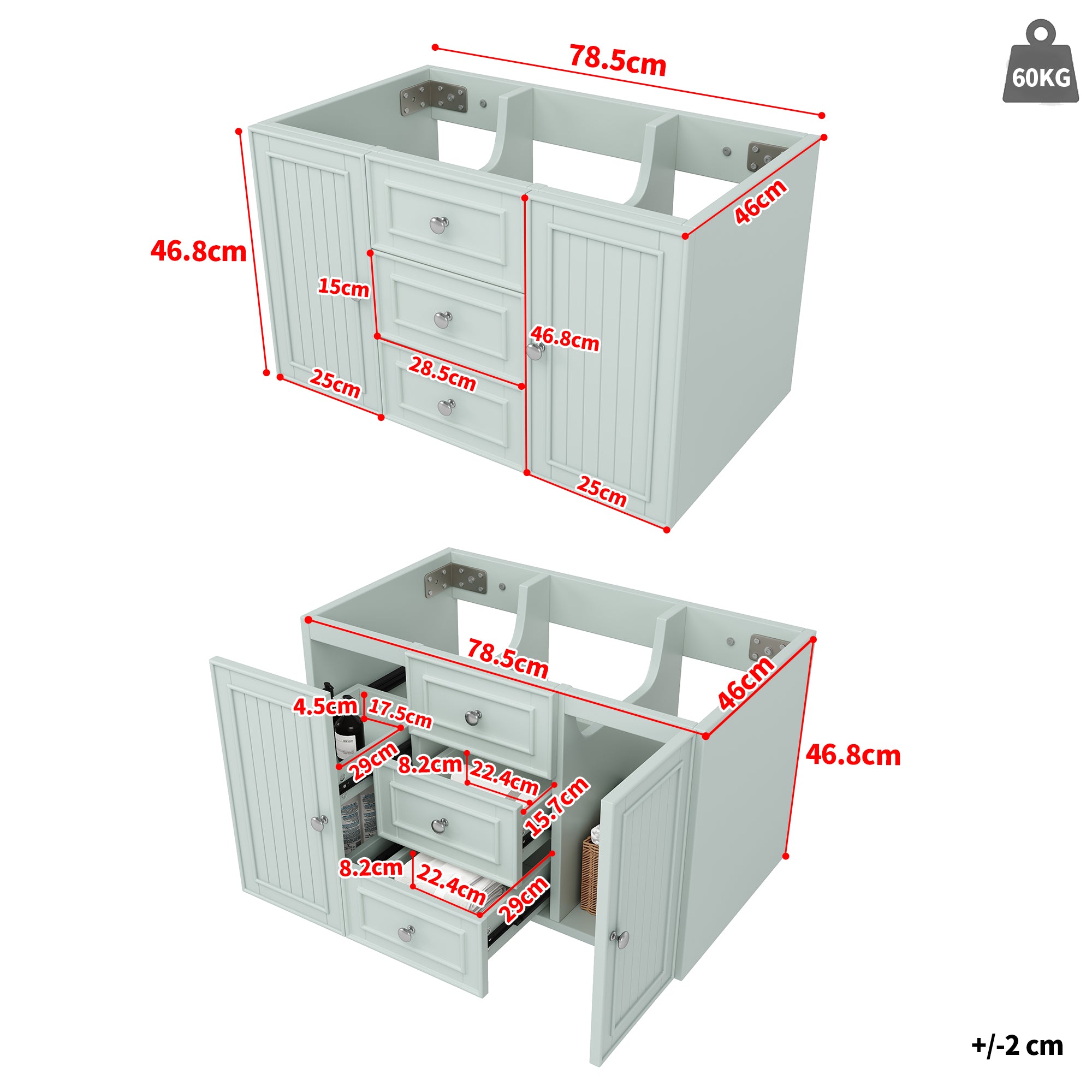 Wall-Mounted Vanity Unit 3 Drawers Modern Style 78.5x46.8cm - Green