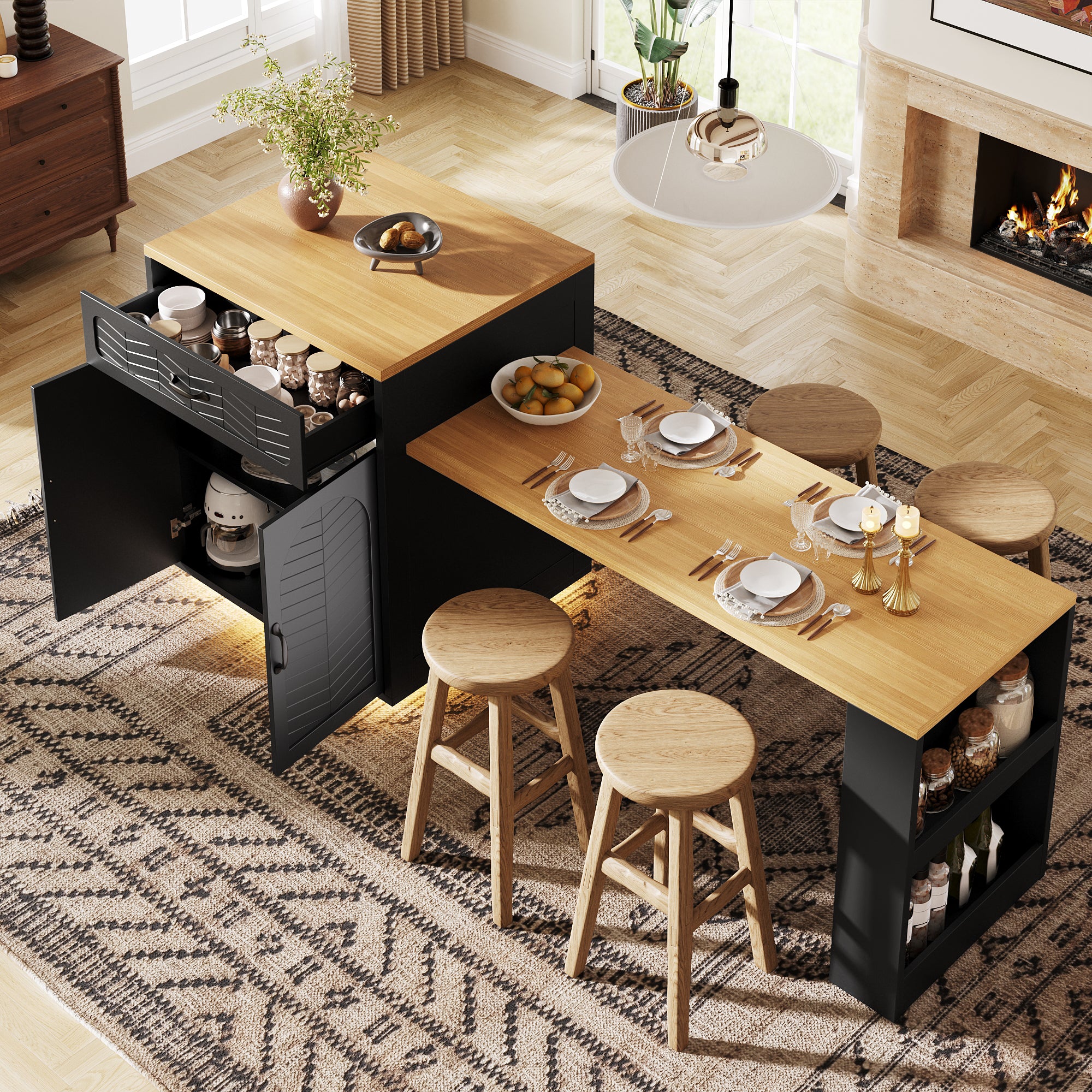 Kitchen Island with Pull-out Table and Storage Drawers, Black and White