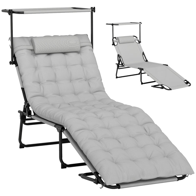 Folding Sun Lounger with Canopy, Mattress & 4-Position Adjustable Backrest - Light Grey