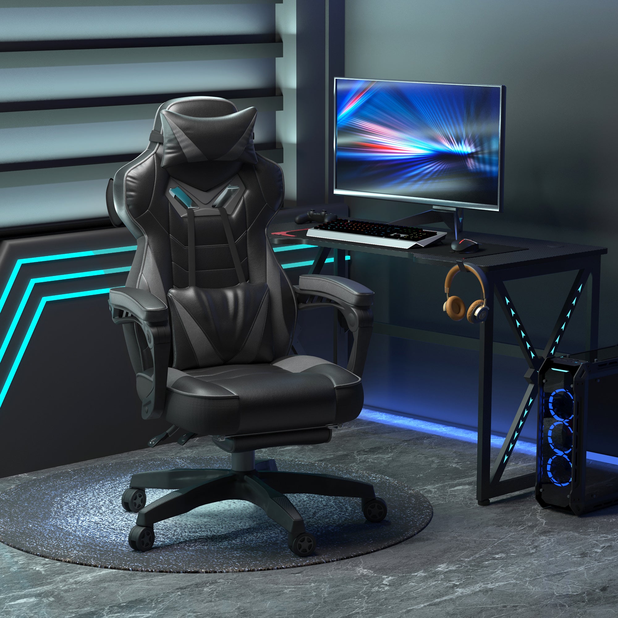 Computer Gaming Chair, Racing Style Lumbar Support Footrest Headrest Swivel Wheels, PU Leather Grey