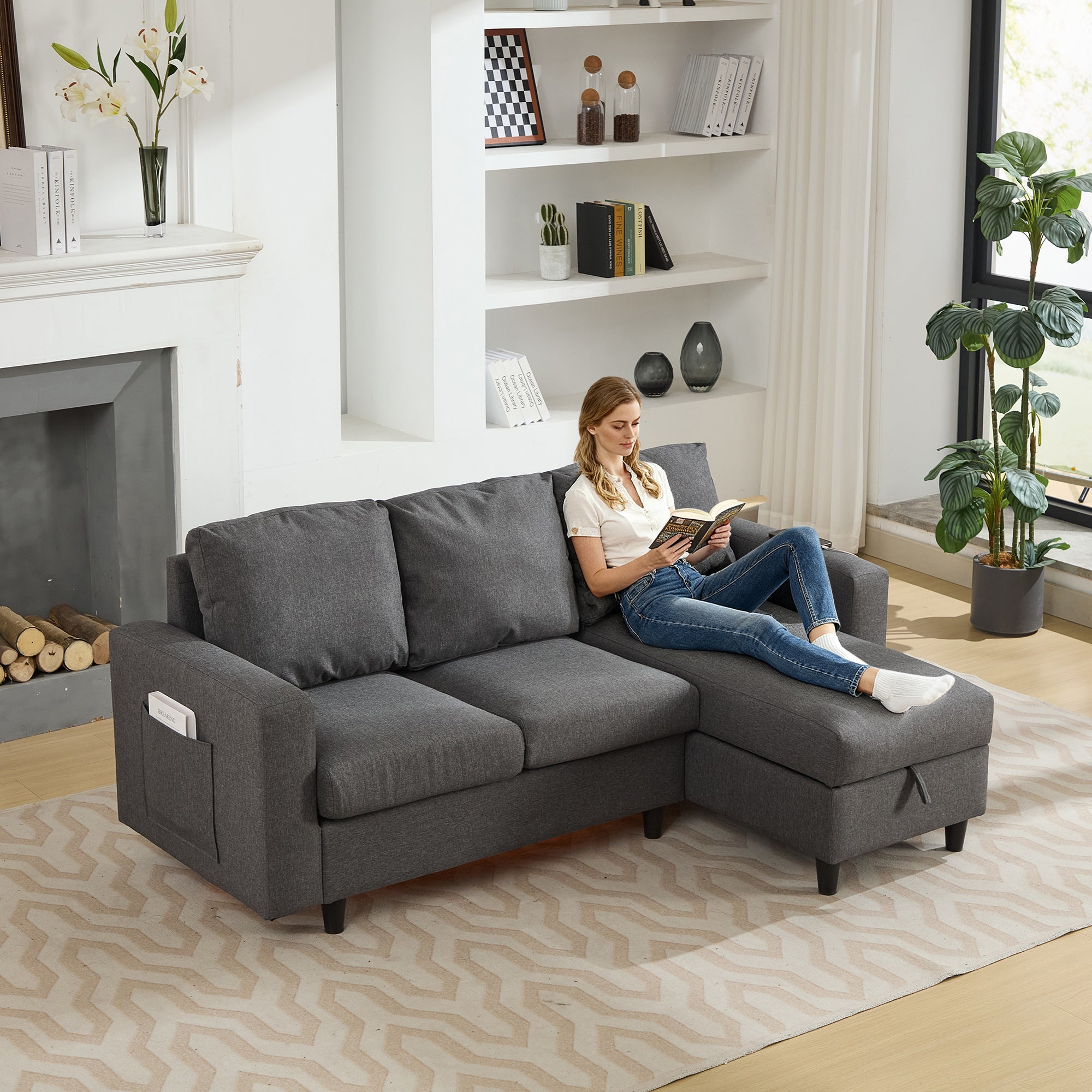 L-Shaped Sofa Bed, 3 Seater Convertible Sectional with Storage, USB & LED, Grey