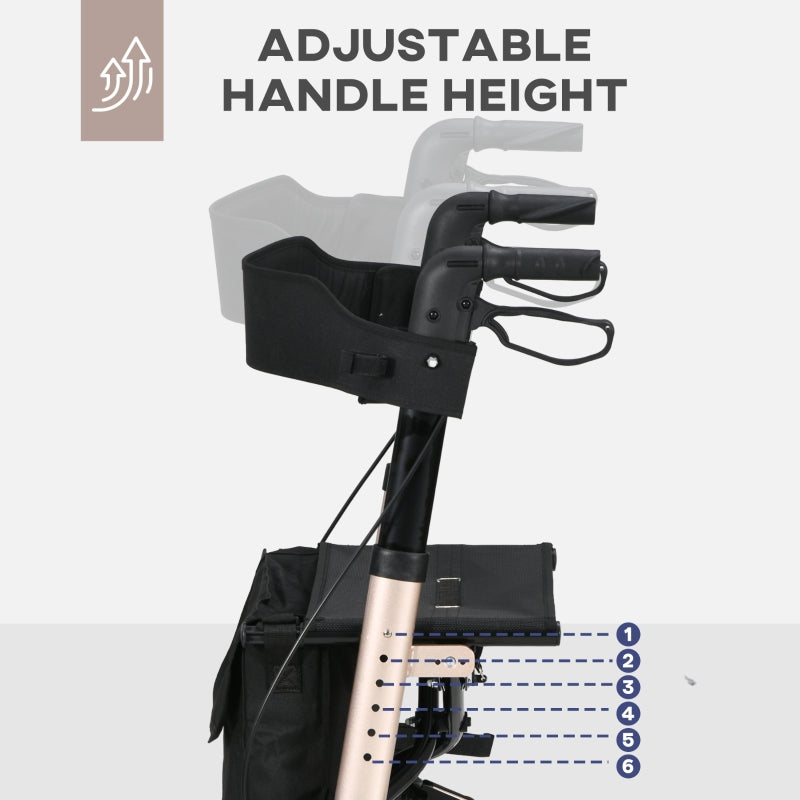 4 Wheel Rollator, Folding Mobility Walker with Seat and Brakes, Lightweight Aluminium, Gold Tone