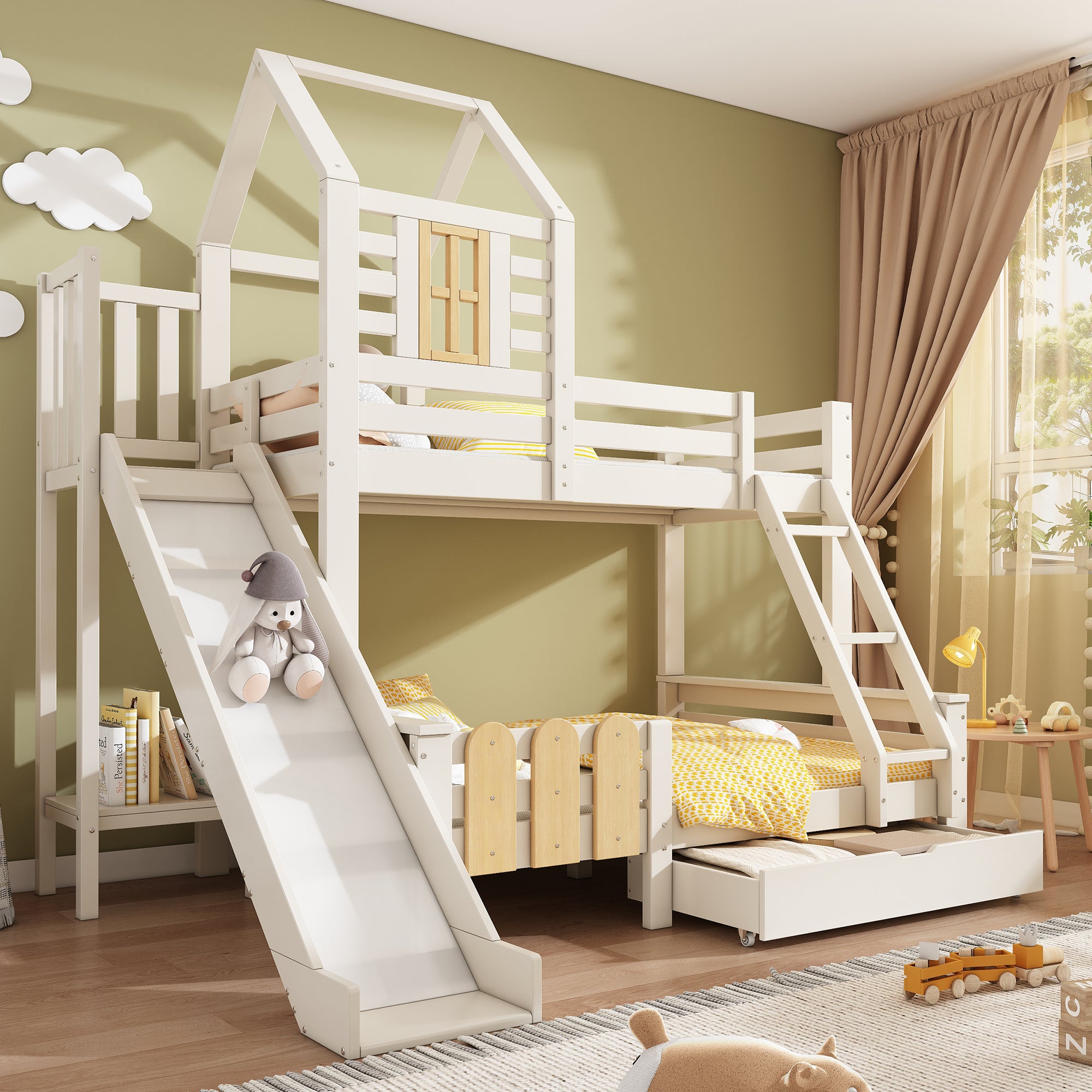 Bunk Beds for Kids, Cabin Tree-house Bed with Ladder and Slide, Twin Sleeper (90+135) x 190 cm, Solid Wood, White