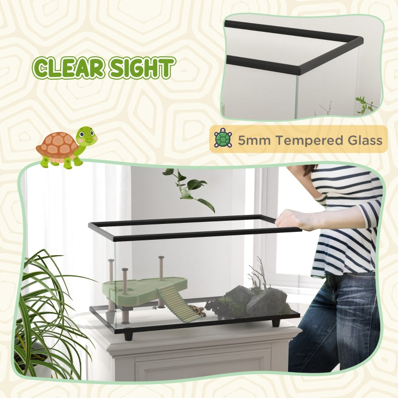 50L Turtle Tank Aquarium with Basking Platform, Easy Drainage, Thermometer, Glass