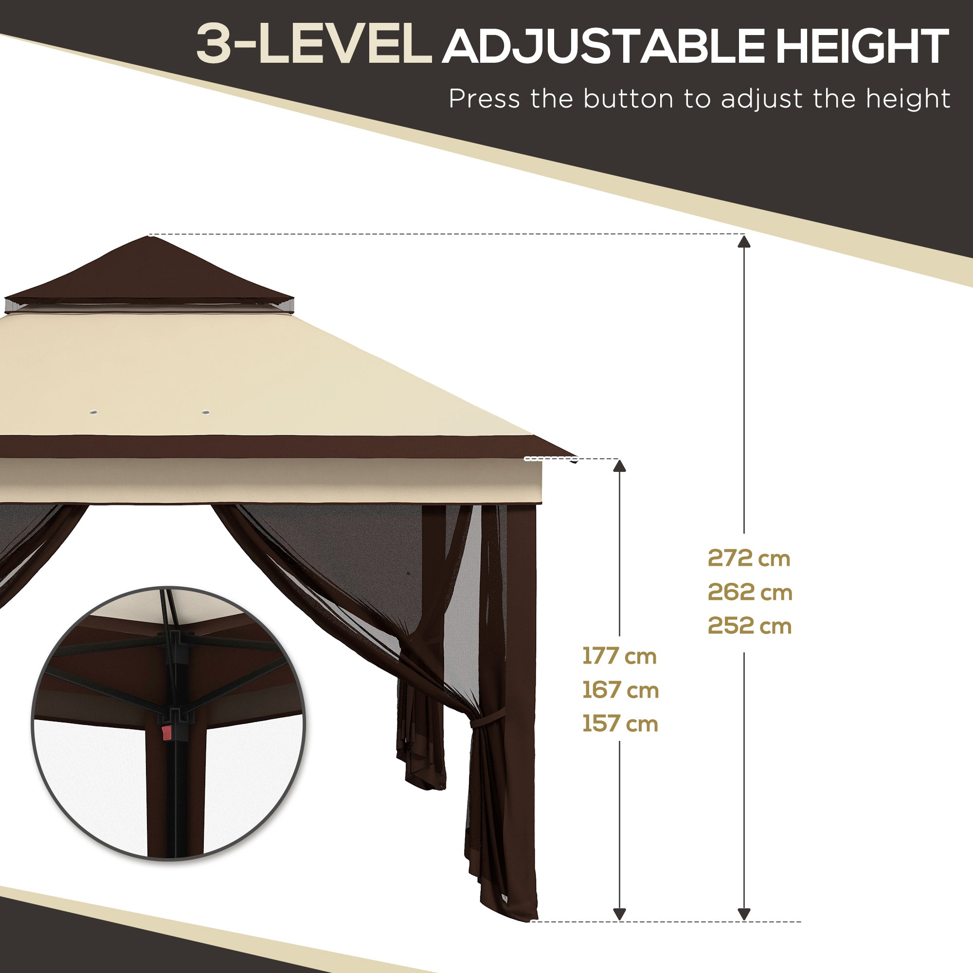 Pop Up Gazebo, 3 x 3m Height Adjustable Event Shelter with Netting and Carrying Bag, Beige