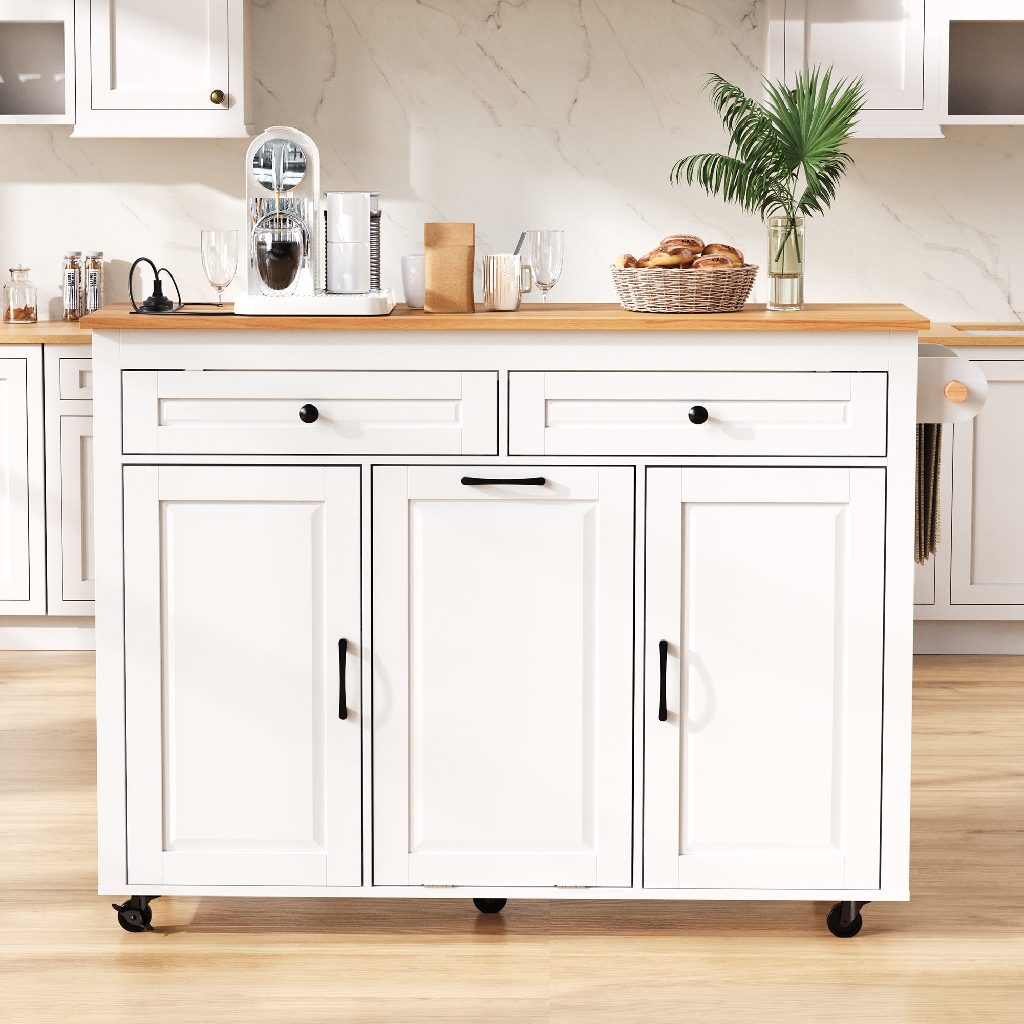 Kitchen Island Extendable Worktop Power Strips Waste Bin - White